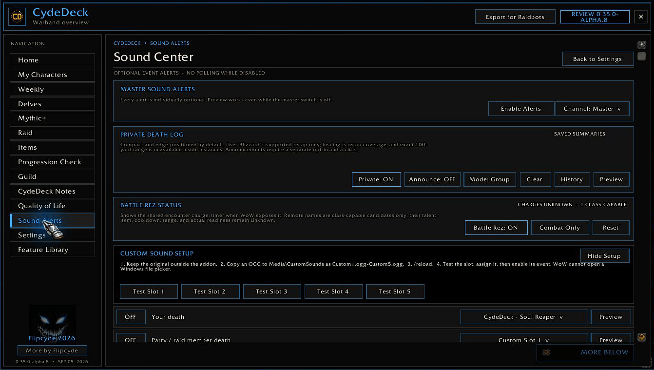 CydeDeck 0.35.0 Alpha 8 · Optional alerts, bundled sounds and custom-sound slots. Personal death-history count hidden.