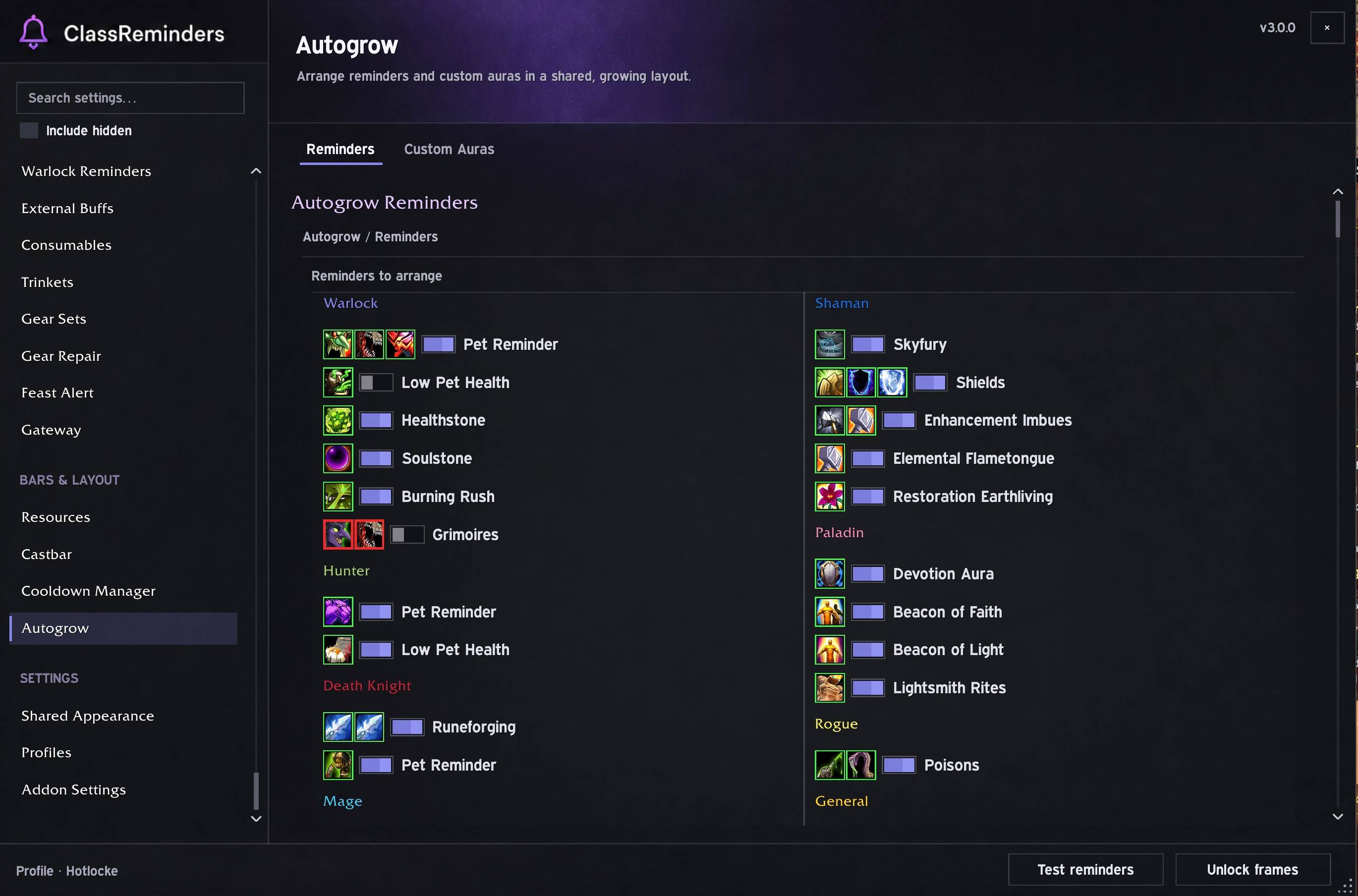Track auras individually in separate locations or put them all in a single Autogrow container