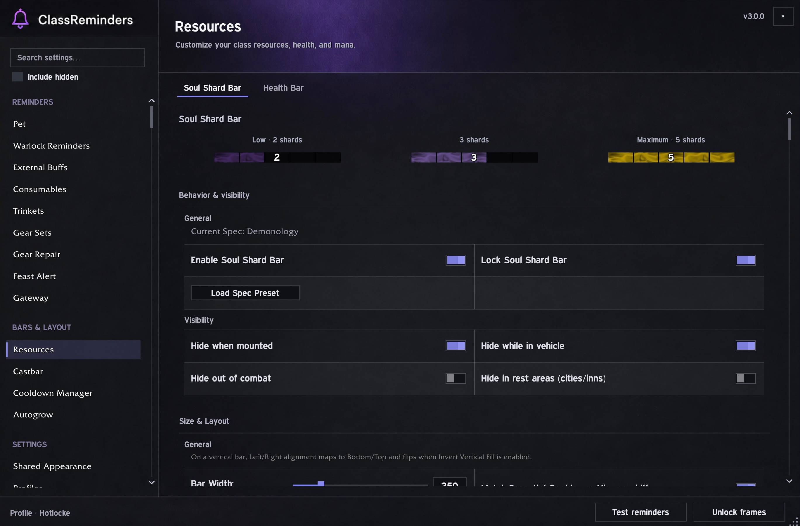 Track resources such as soul shard bar, with tons of customization options.