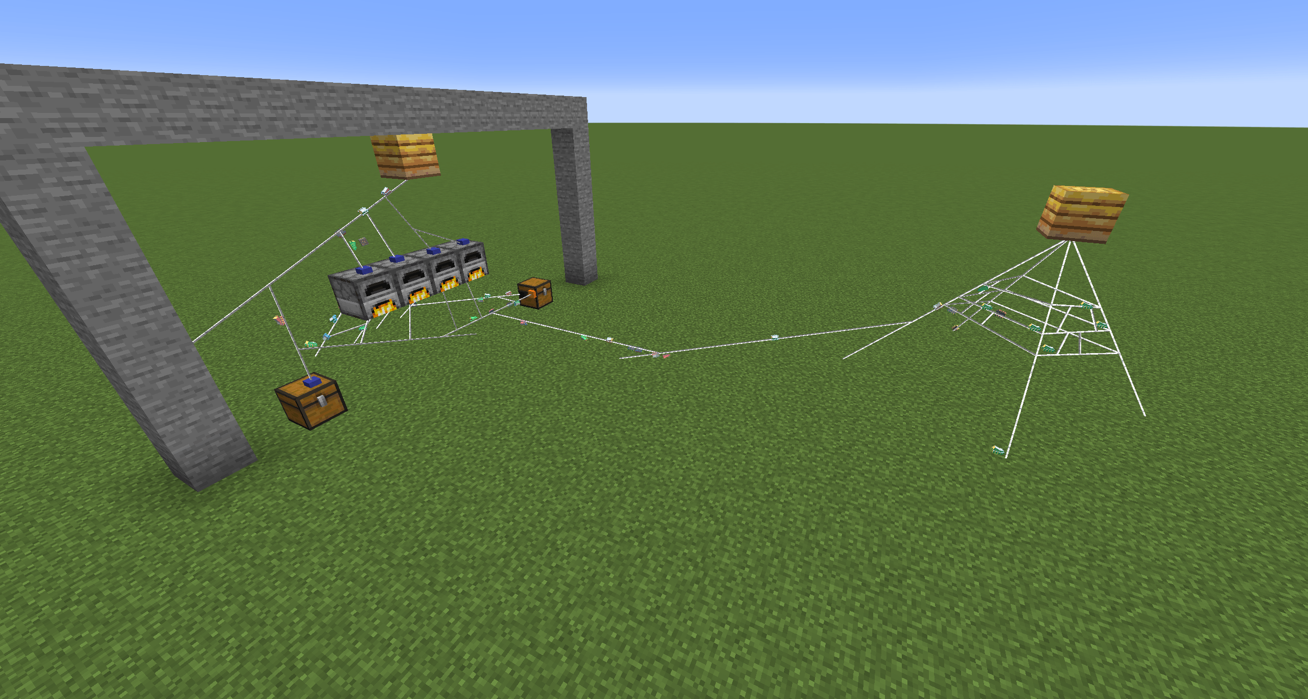 Blue Web Ports move items from the left chest to the top of each furnace. Orange Web Ports move items from the bottom of each furnace to the right chest. Black Web Ports move Charcoal from the right chest to the back of each Furnace.