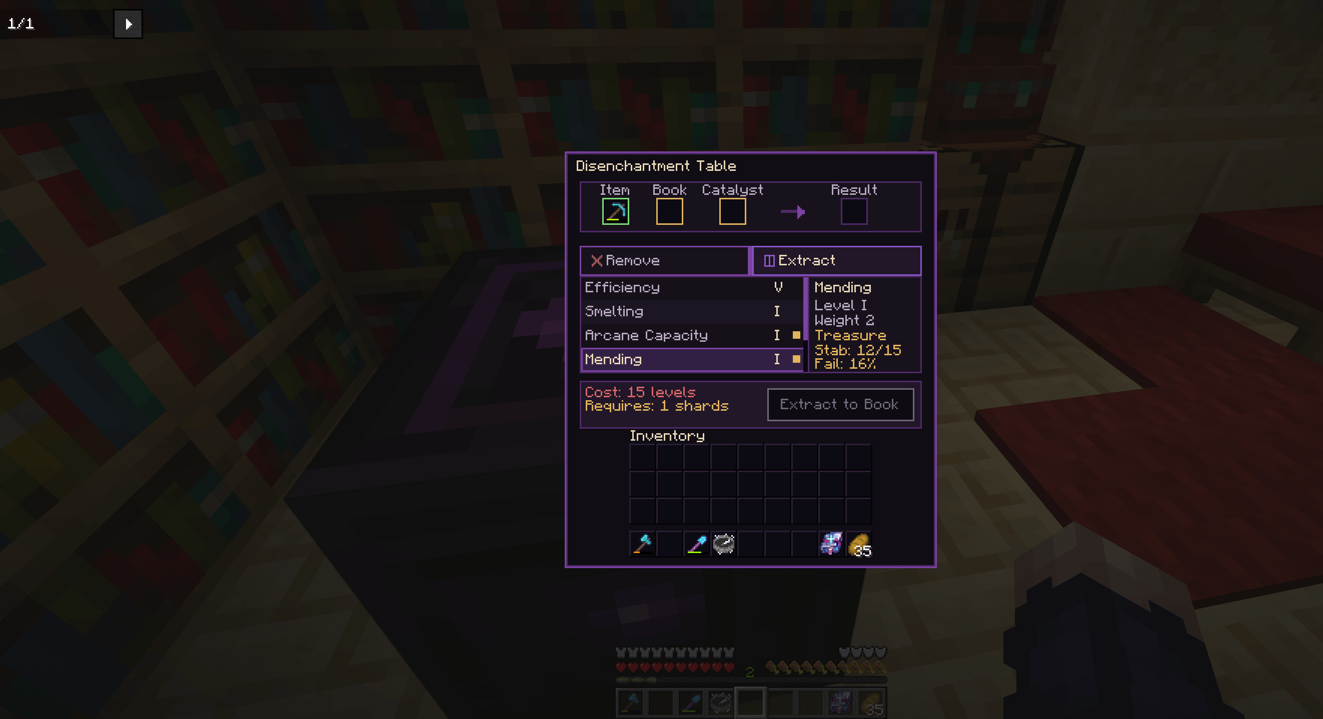This is the disenchantment table, it is used to remove certain enchantments from items or extract enchantments to a book for use in other items! Using bookshelves, you can reduce it's failure chance and increase stability.