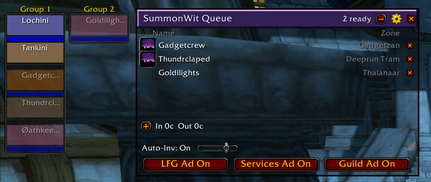 Thumbnail SummonWit Queue window - where all the magic happens. Every party of raid member that is not in your current zone shows up. The one's that type 123 - get an icon . Click to X to manually remove. Timed response to auto-invite does stay on 24/7.