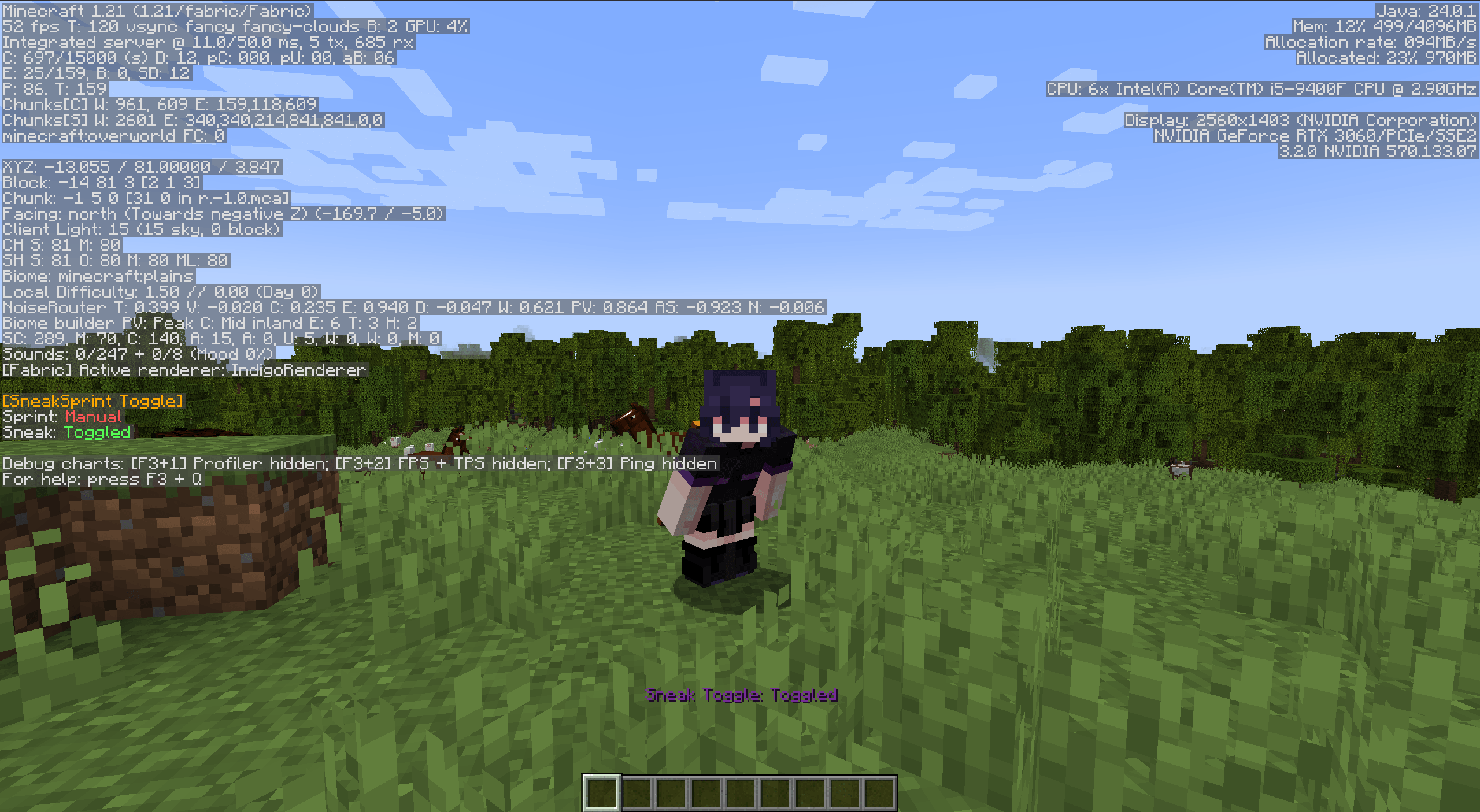 The F3 menu as it appears in game to display the current sneak and sprint toggle.