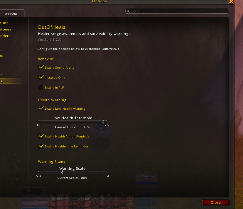 Configure sound alerts, instance behavior, low-health warnings, consumable reminders, and warning scale through Blizzard's AddOns settings.