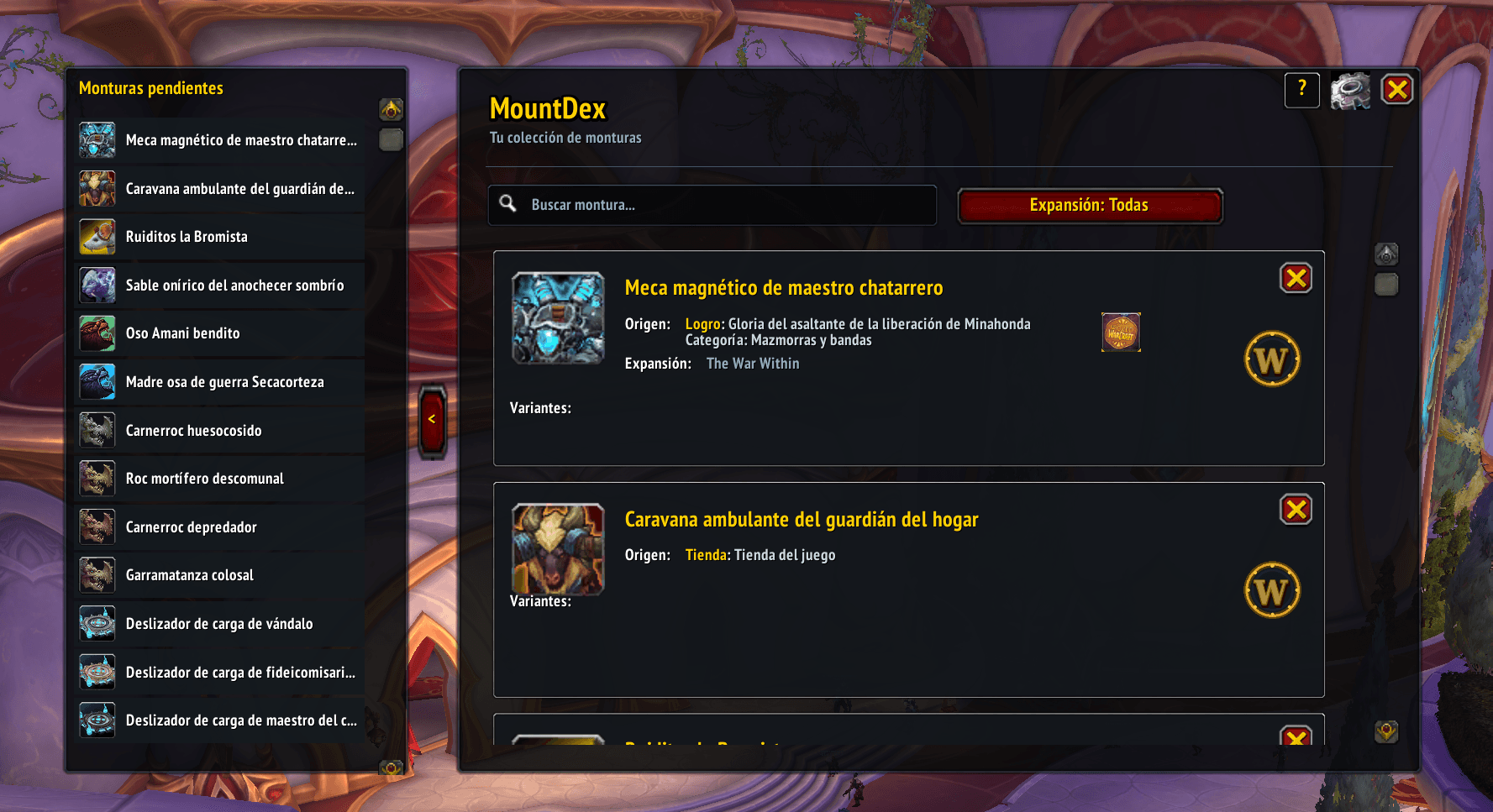 Thumbnail Browse your mount collection, search and filter mounts, track wanted mounts, check their sources and access useful collection tools from the main MountDex interface.