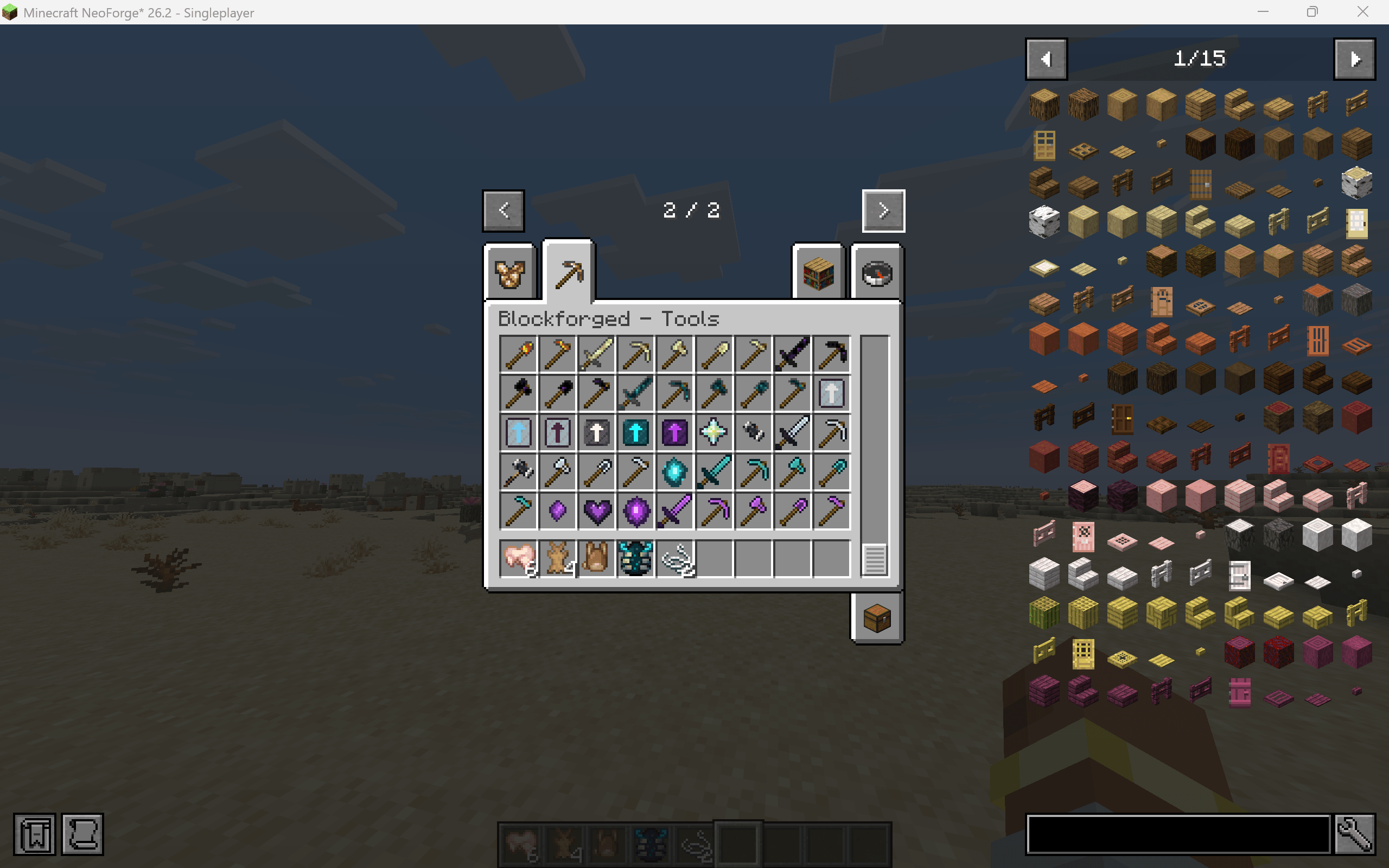 Thumbnail Browse Blockforged’s tools, weapons, armor, crafting materials, and upgrades through its dedicated creative tabs.