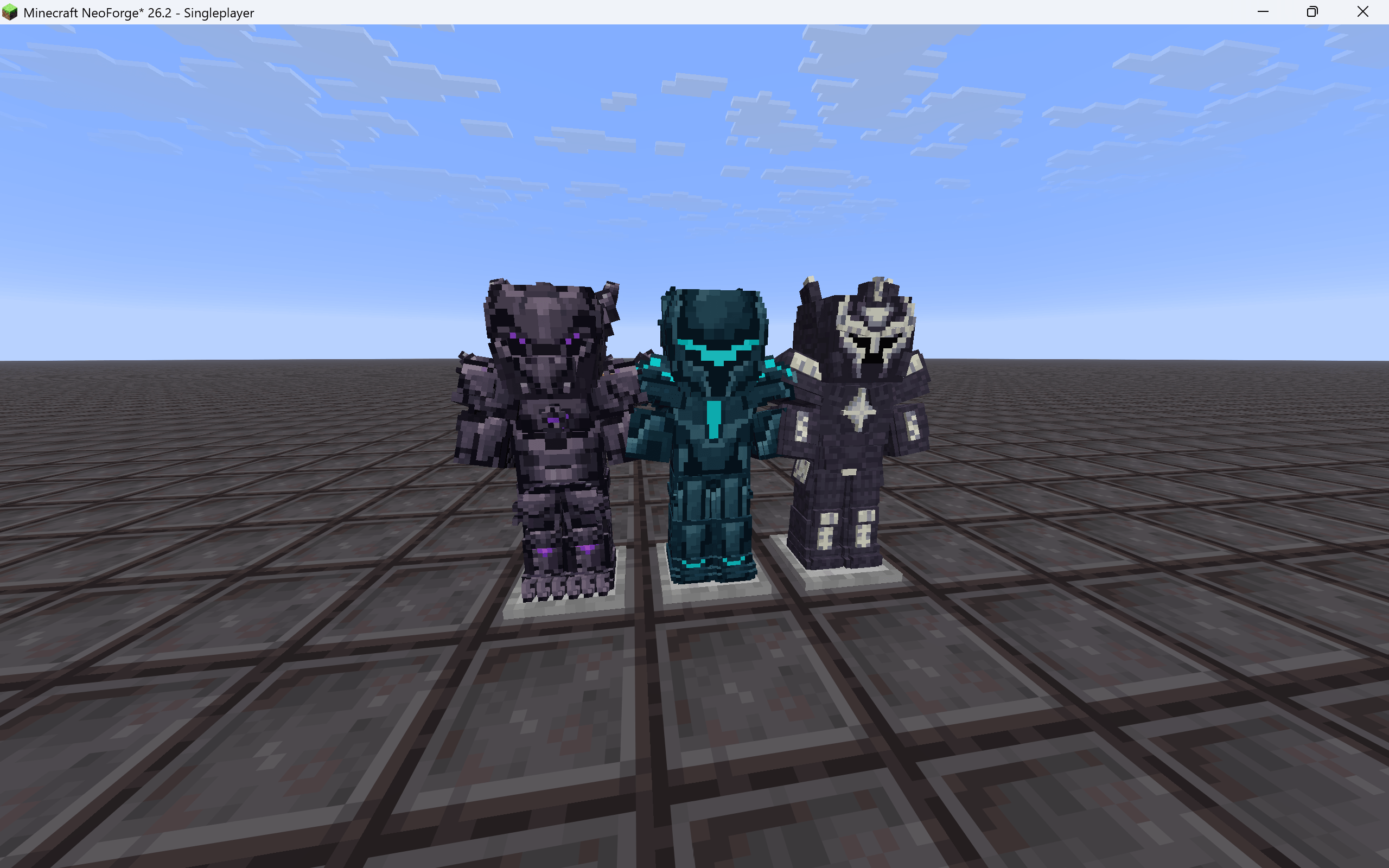 Thumbnail Dragonforged, Resonant, and Starforged armor sets, shown from left to right with their custom 3D models and distinct material designs.