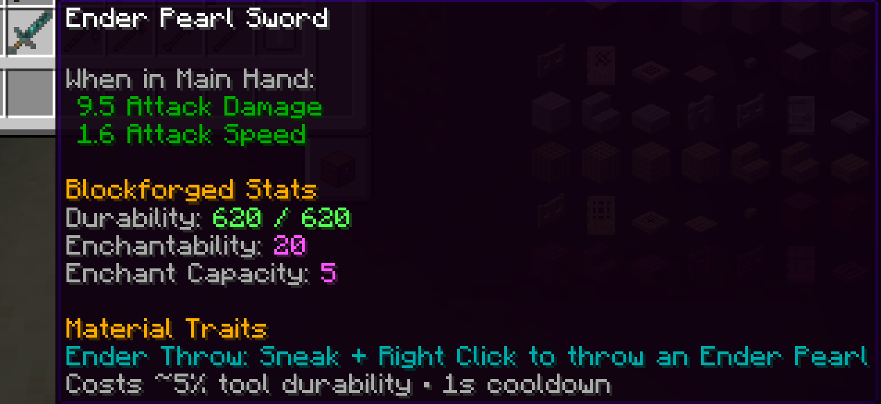 Thumbnail Detailed tooltips display equipment stats and material abilities. The Ender Pearl Sword’s Ender Throw lets you sneak and right-click to launch an Ender Pearl, consuming durability with a short cooldown.