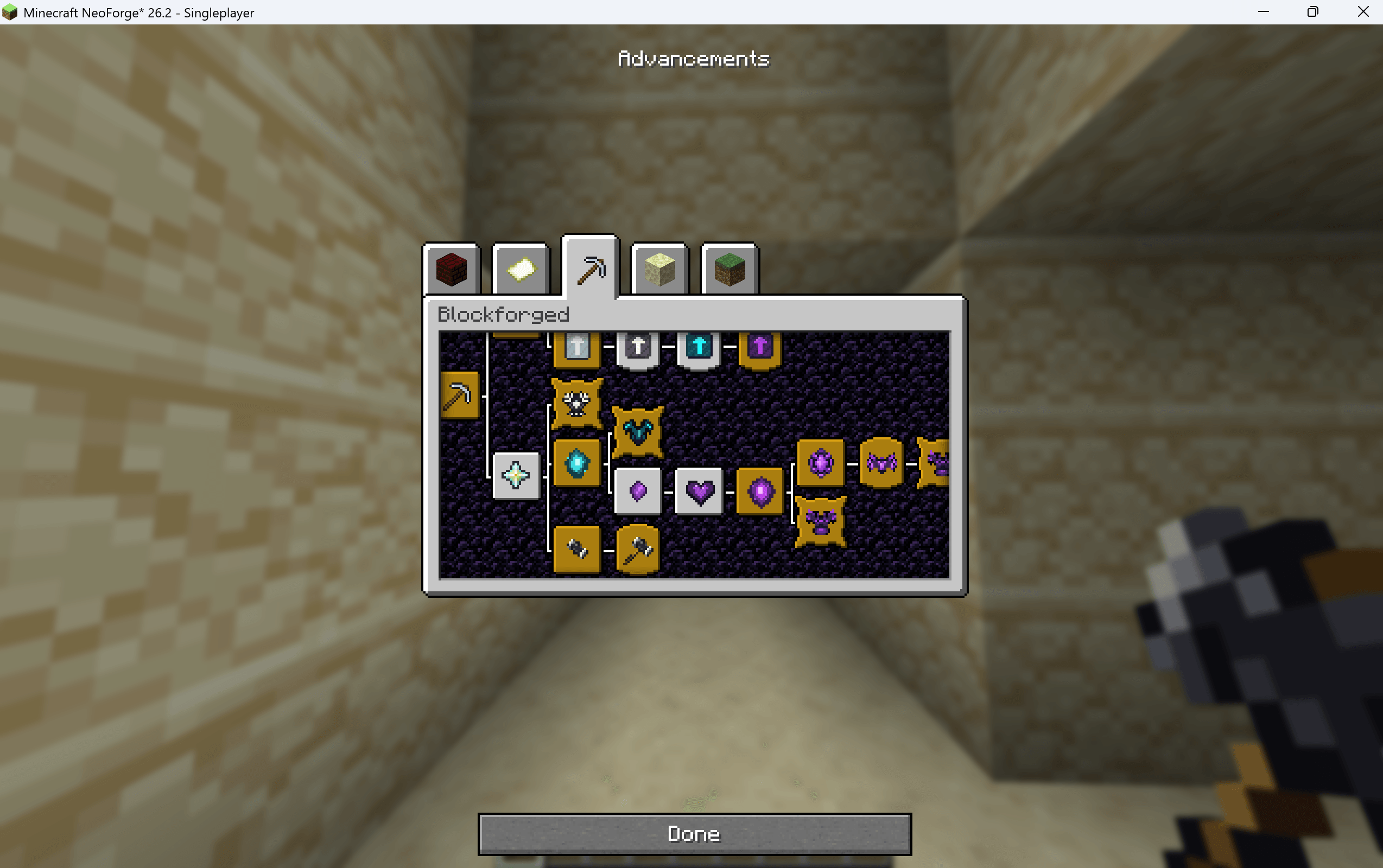 Thumbnail Track your progress through 20 advancements covering equipment crafting, mining upgrades, complete armor sets, and advanced abilities in a dedicated Blockforged tab.