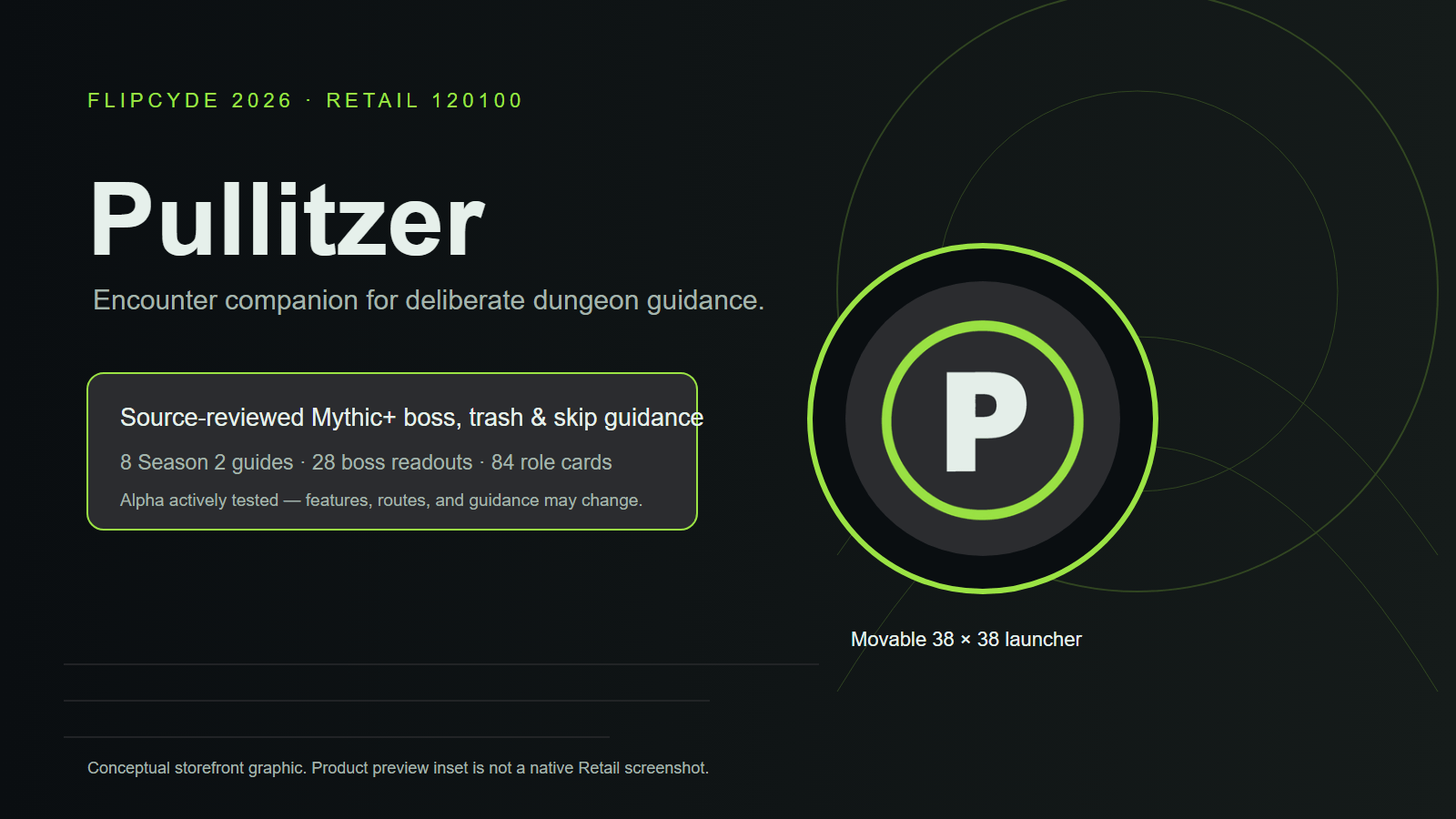 Concise Season 2 Mythic+ encounter guidance, role-aware boss cards, a movable launcher, and clear Alpha boundaries. Conceptual storefront graphic; not a native Retail screenshot.