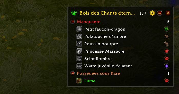 Thumbnail See missing species and pets owned below Rare quality in a compact zone tracker. Family icons and collection progress help you decide what to look for next.
