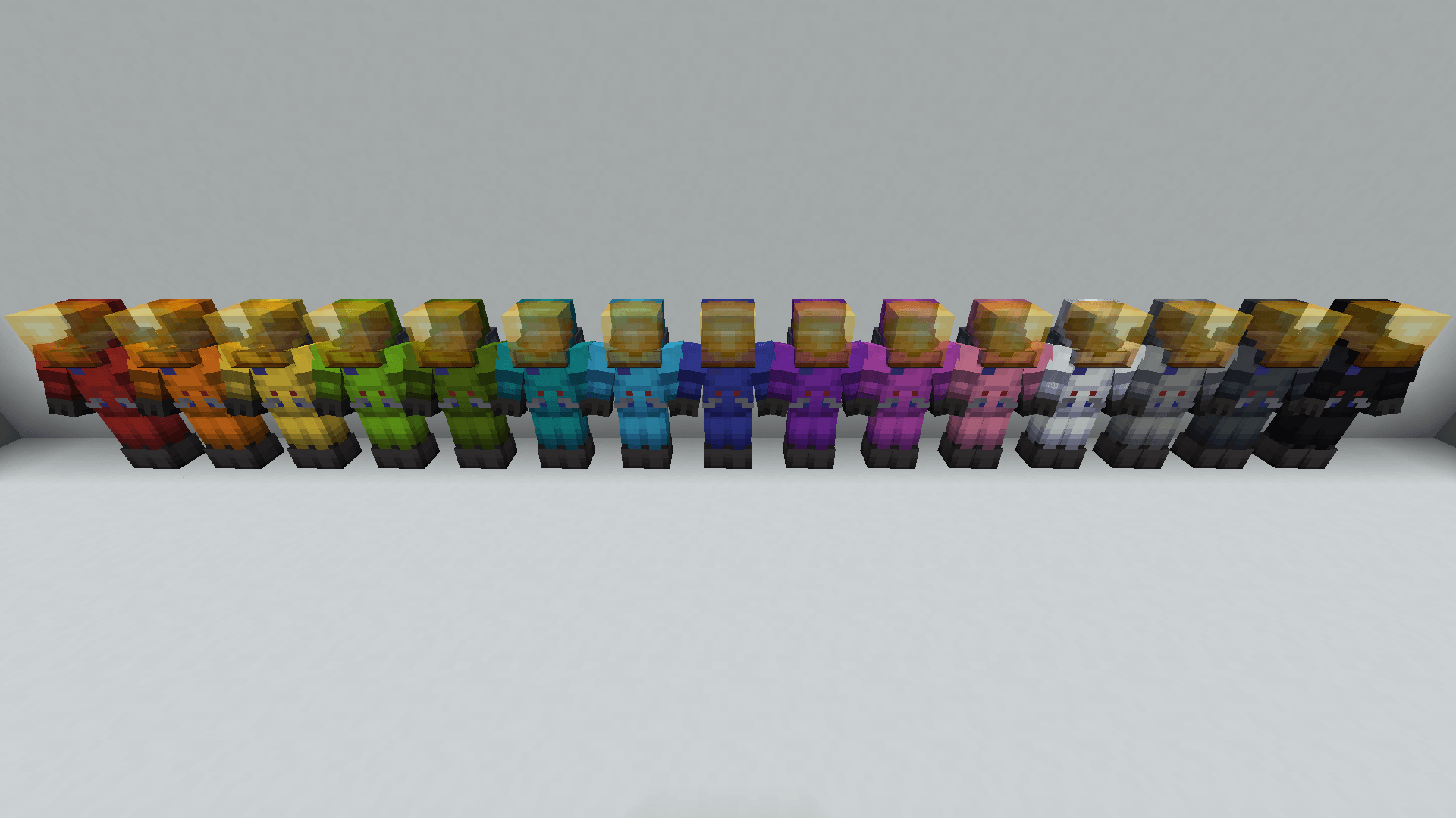 Iron spacesuits dyed using all 15 vanilla colors. Available since version 0.6.5.