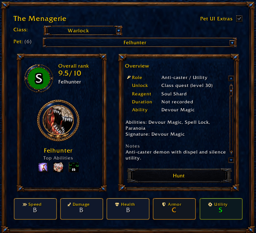 Thumbnail Catalog: The Felhunter card presents its anti-caster role, unlock requirements, abilities and component grades. Browsing this reference does not summon a demon.