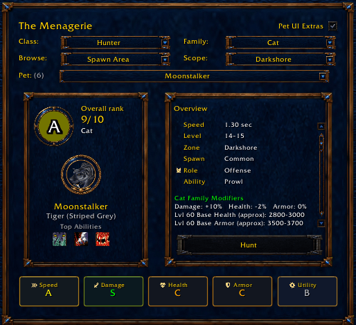 Thumbnail Catalog: Spawn Area browsing shows six Cat entries for Darkshore, with Moonstalker selected. These are recorded locations and ratings, not live spawn detection.
