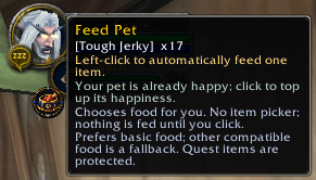 Thumbnail Live: Feed Pet selects compatible Tough Jerky from the bag and explains happy-pet behavior and food protections. This is tooltip help only; no food was used.