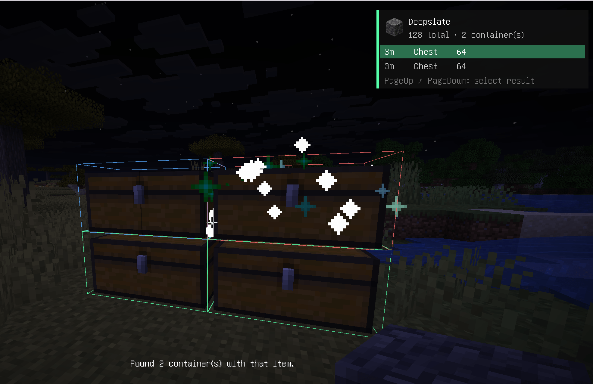 Thumbnail Search for an item and instantly see matching nearby containers, item counts, distances, and world highlights.