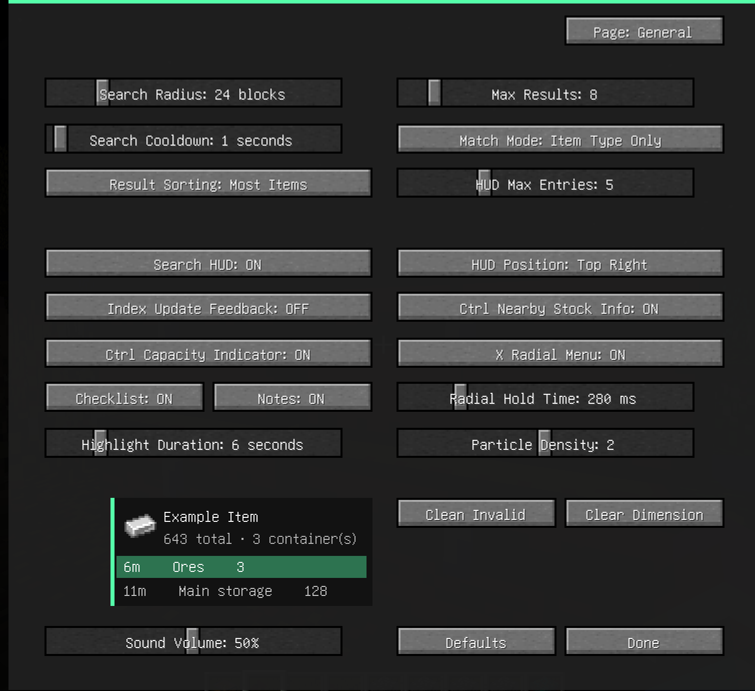 Thumbnail Customize search radius, result limits, matching mode, sorting, HUD behavior, radial menu timing, particles, sound, and more.