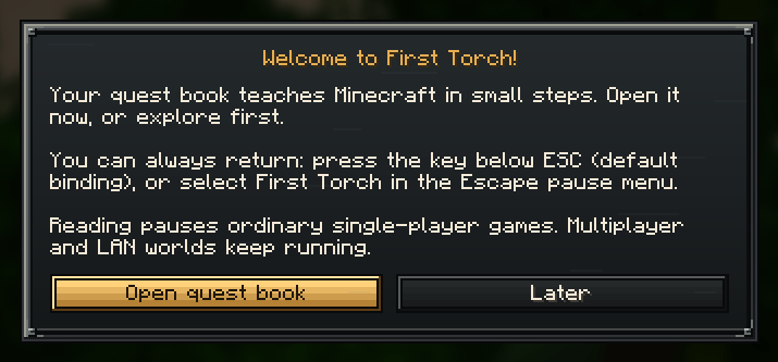 A friendly introduction to your in-game learning companion, with quick access to the questbook.