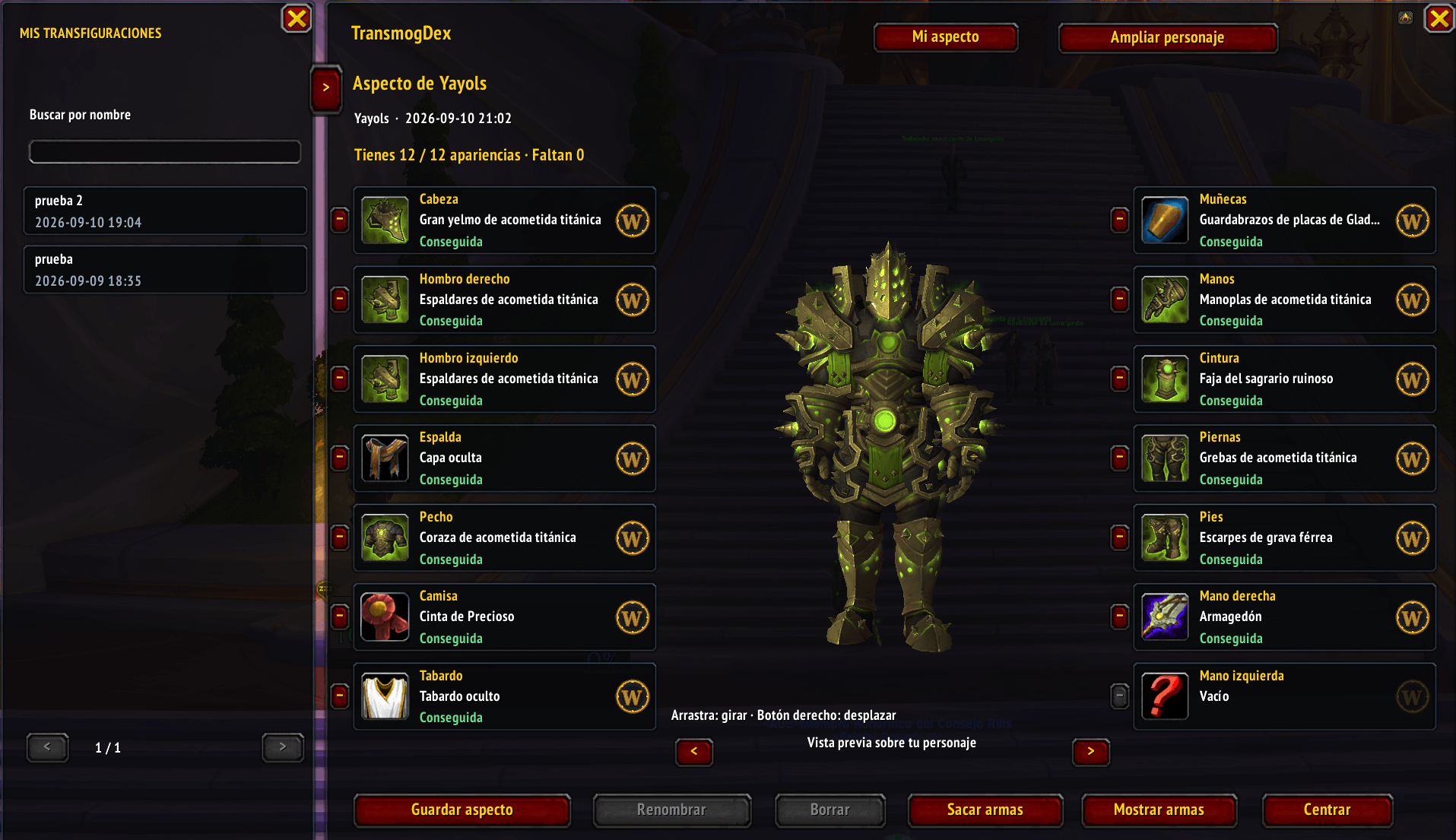 Thumbnail Browse your saved outfits, preview them on your character and track collected appearances. Hide or show pieces in the preview, control weapon visibility and copy individual Wowhead links.