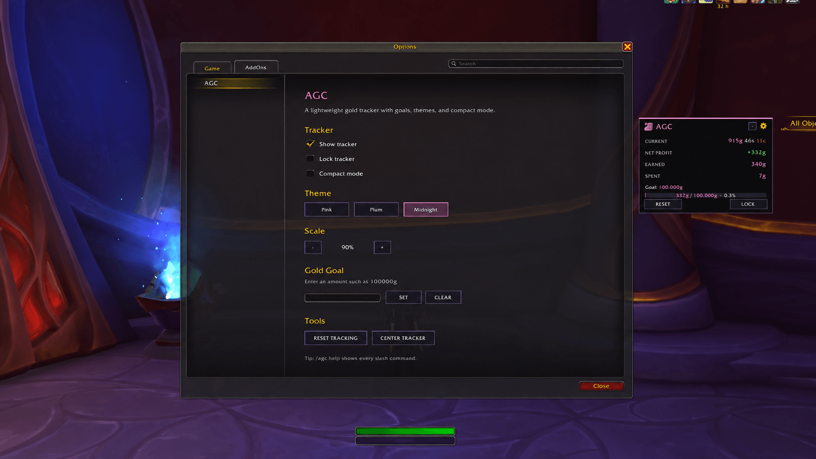 Thumbnail Customize AGC with Pink, Plum, and Midnight themes, compact mode, scale controls, tracker locking, and gold goals from the in-game options panel.