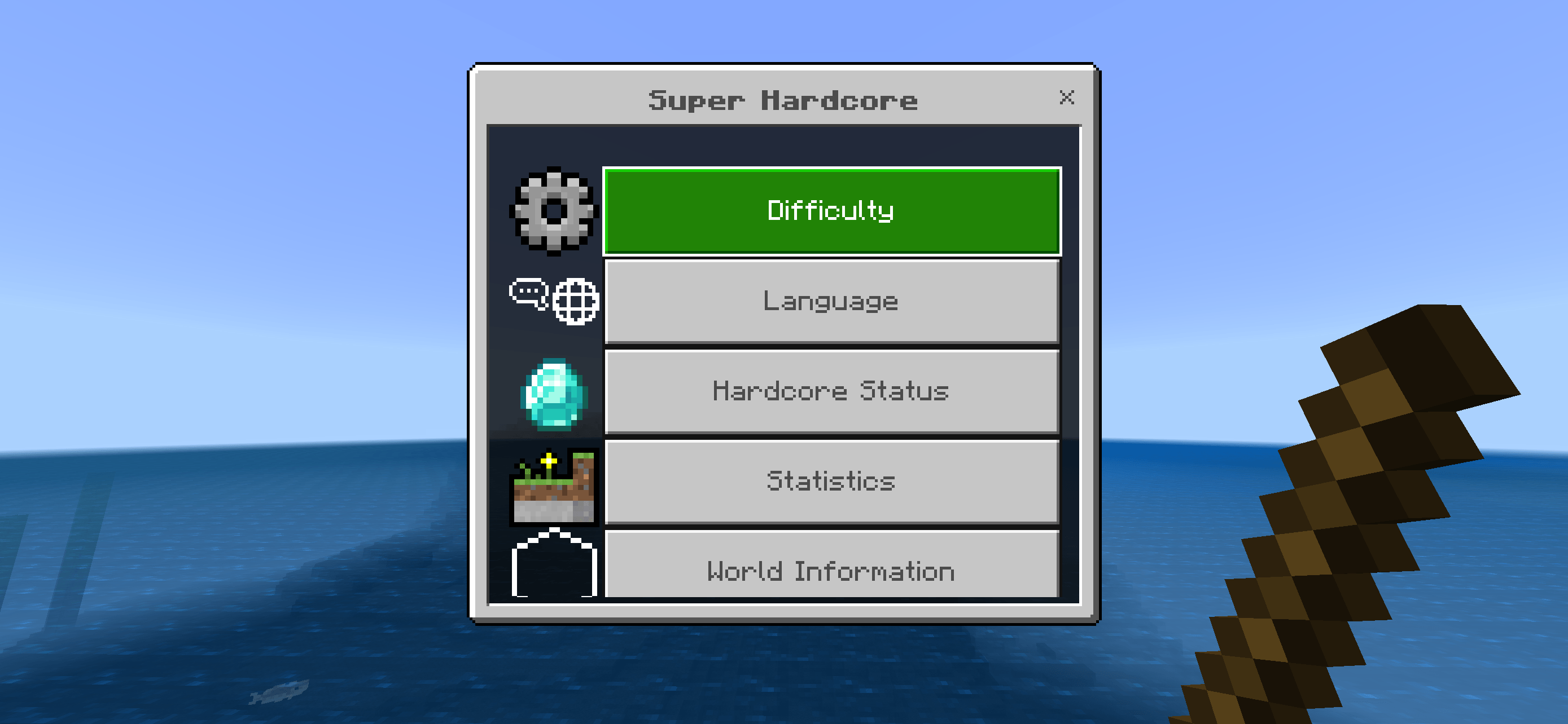 Thumbnail The Super Hardcore main menu, featuring quick access to difficulty, language, Hardcore status, statistics, and world information.