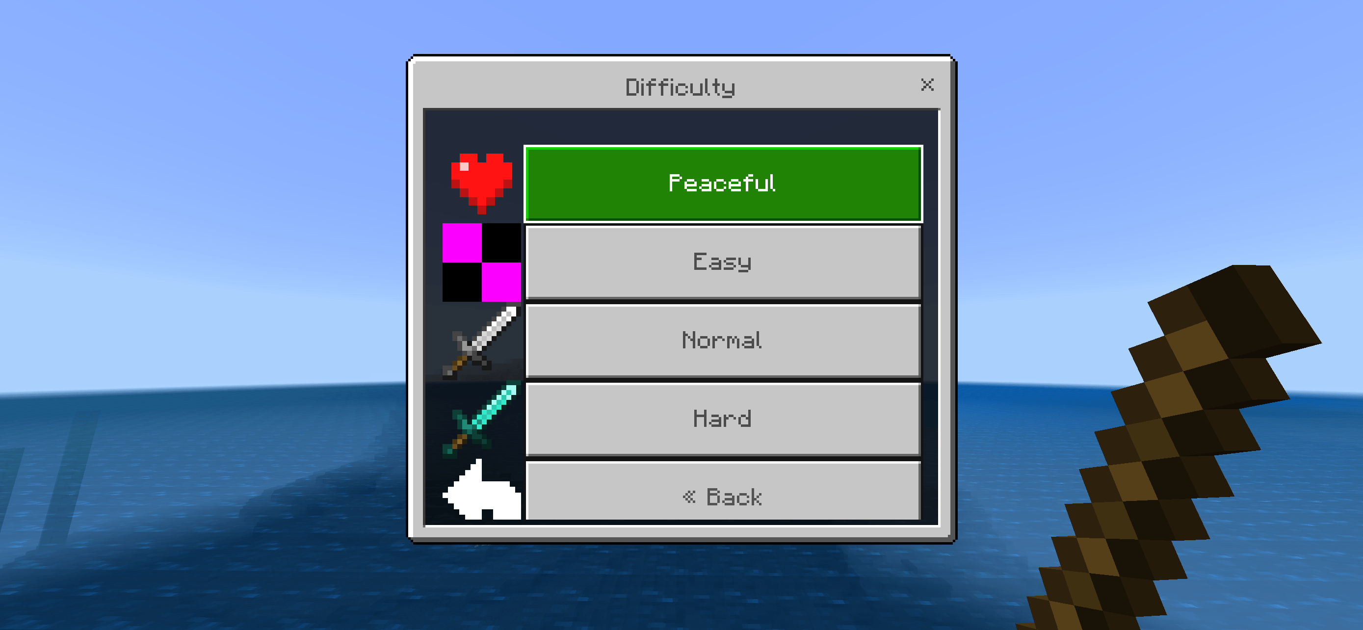 Thumbnail Difficulty selection with Peaceful, Easy, Normal, and Hard options.