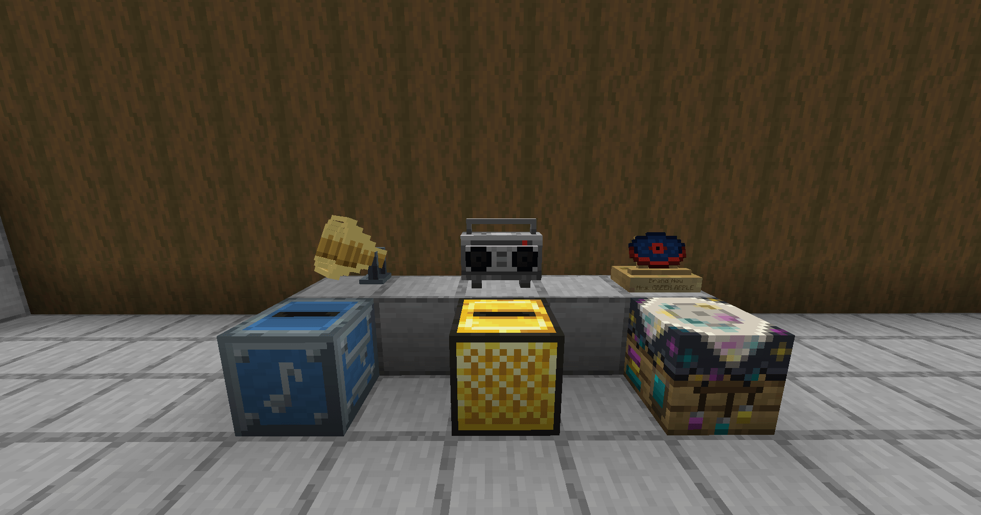 Music Disc Maker, Golden Jukebox, Disc Dyeing Table, Boombox, Speaker, and Disc Pedestal.