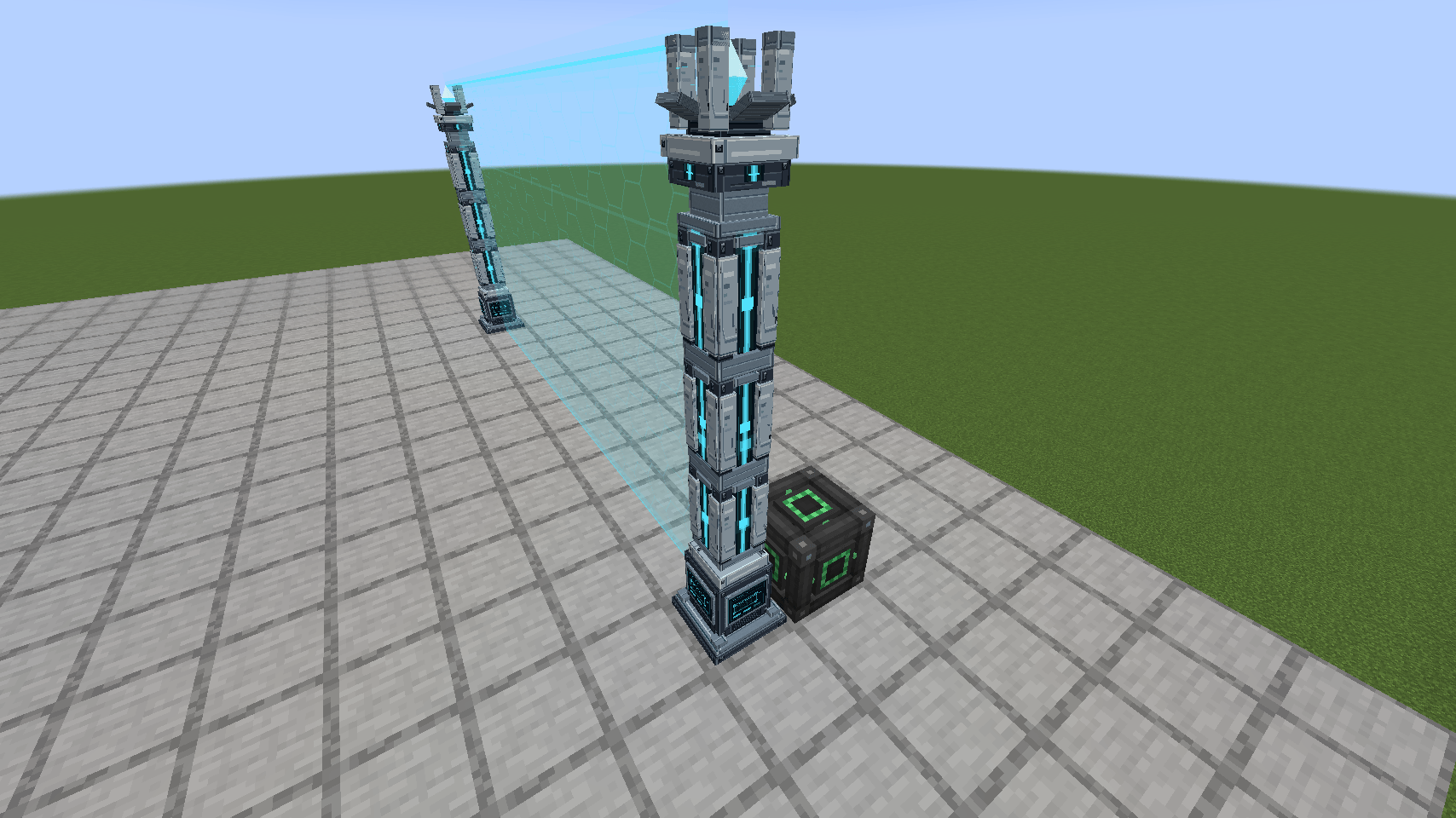 Thumbnail Two emitter posts project one field between them. The energy cube feeding the near post powers the whole link.
