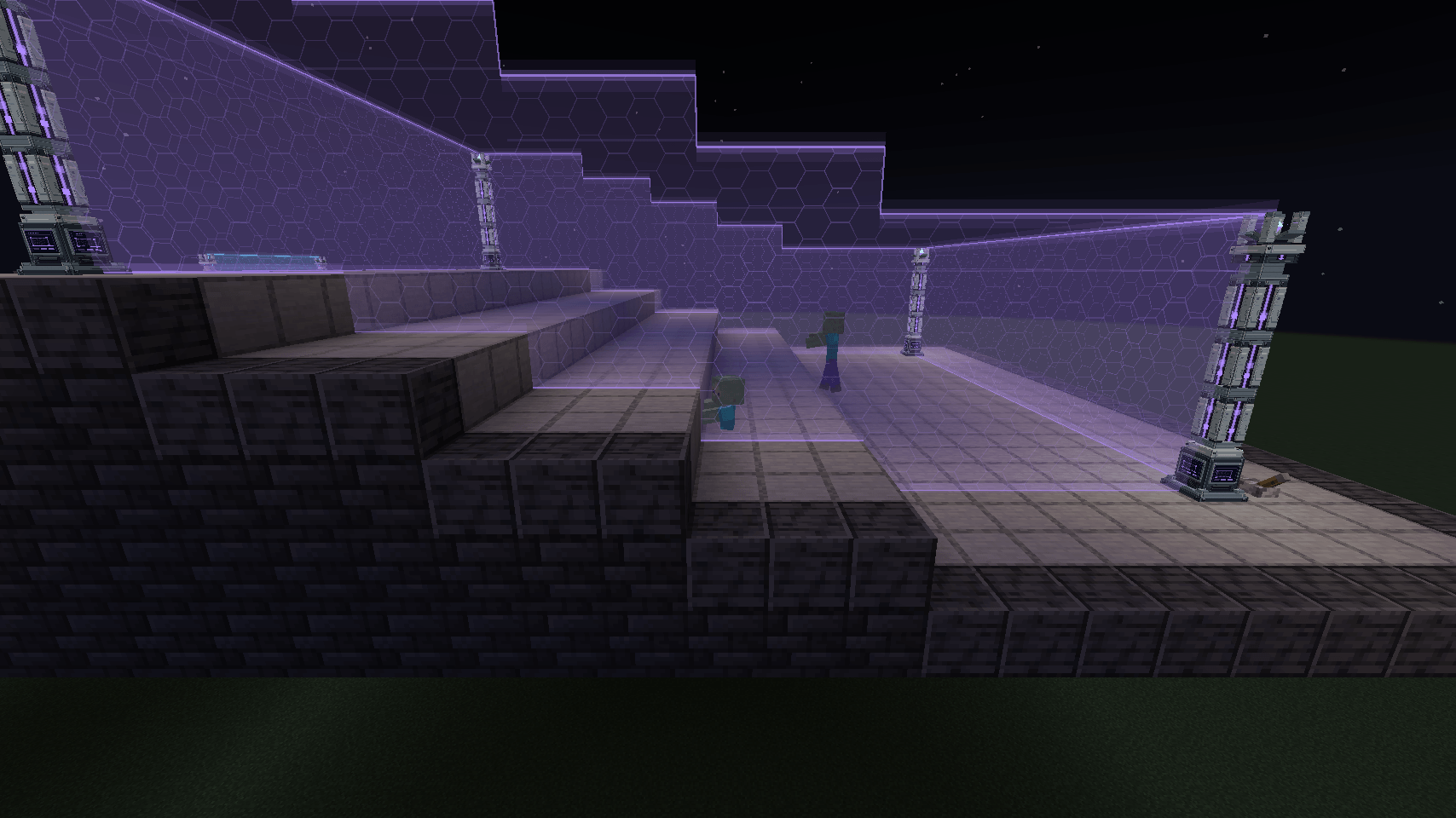 Thumbnail A zombie held inside the lit violet perimeter at midnight. The default rule blocks hostile mobs and lets the owner pass.
