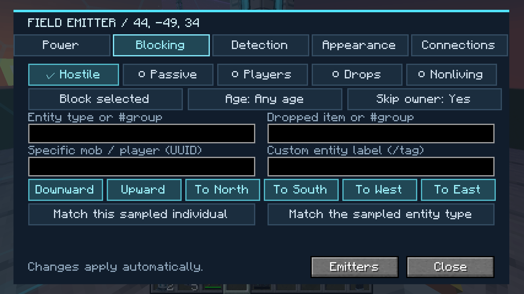 Thumbnail The Blocking tab: category toggles, age and owner rules, entity type, item, UUID and tag fields, and the six movement directions.