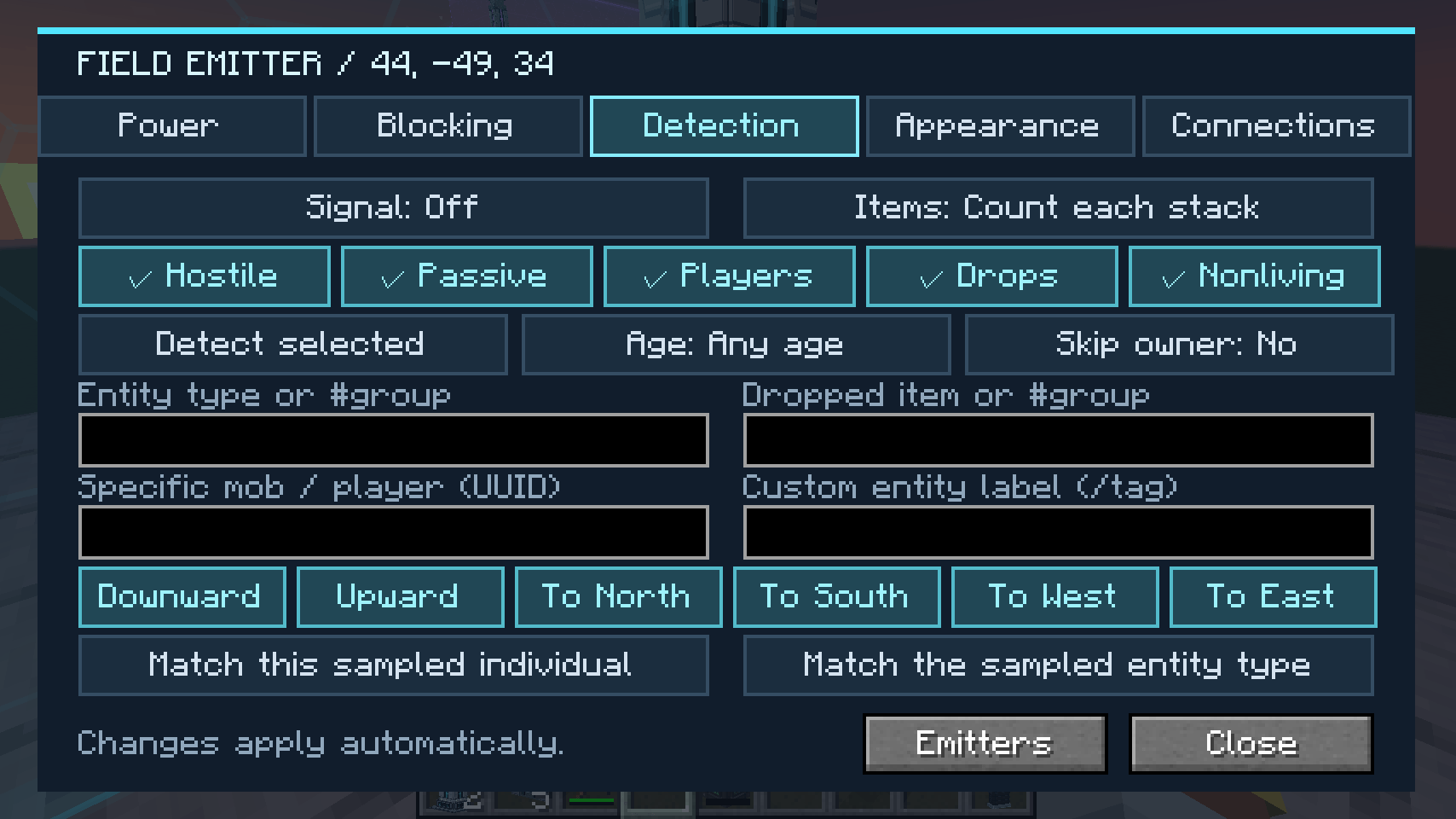Thumbnail The Detection tab: pulse or steady signal, per-stack or per-item counting, and the same category and direction filters as blocking.
