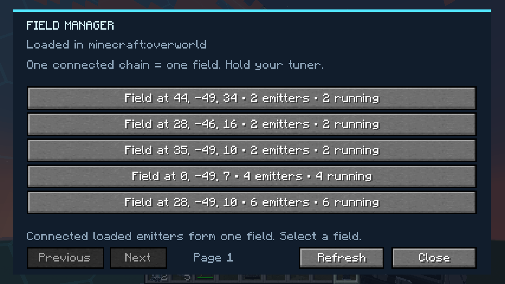 Thumbnail The Field Manager lists every loaded field in the dimension with its emitter count and running state. The tuner opens any of them remotely.