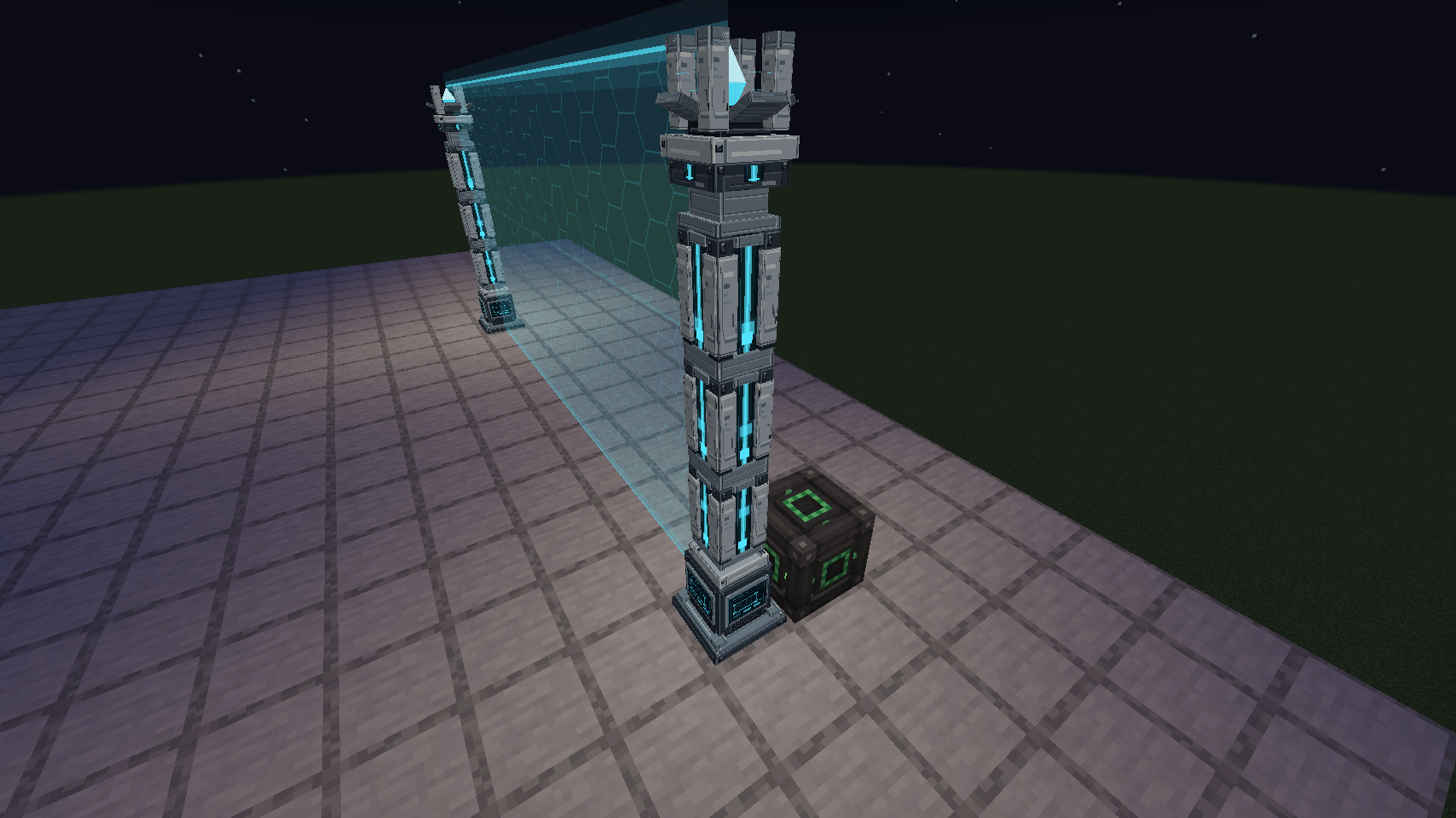 Thumbnail The same two posts after dark: the field glows cyan and the energy channels light the posts.