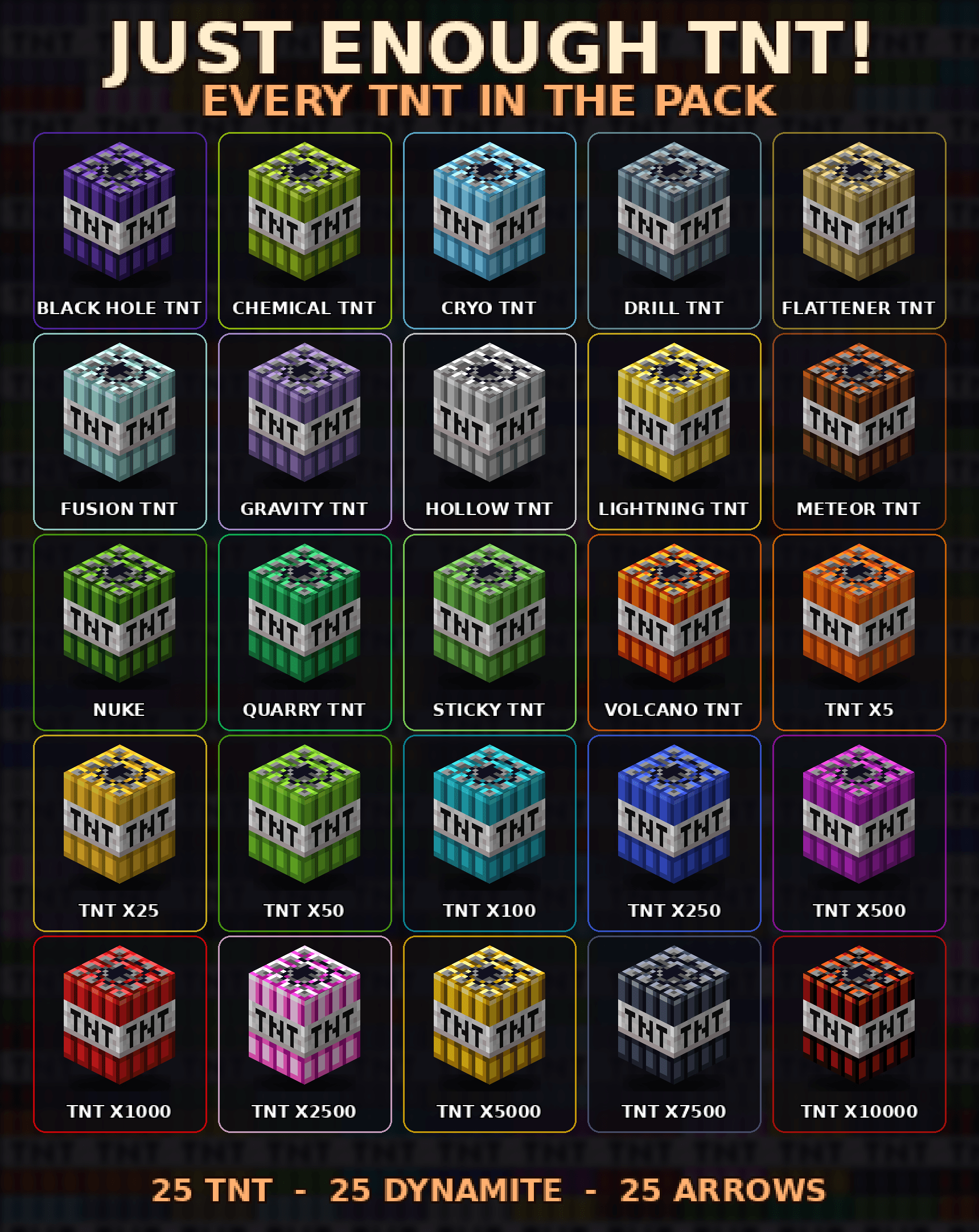 Every TNT block in the pack - 20 blocks including Black Hole, Chemical, Cryo, Drill, Flattener, Fusion, Gravity, Hollow, Lightning, Meteor, Nuke, Quarry, Sticky and Volcano, plus TNT x5 to x10000. 25 TNT, 25 Dynamite and 25 Arrows in total.