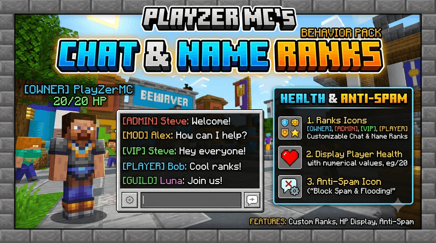 PlayZer MC's Chat & Name Ranks [Health & Anti-Spam] — screenshot 1