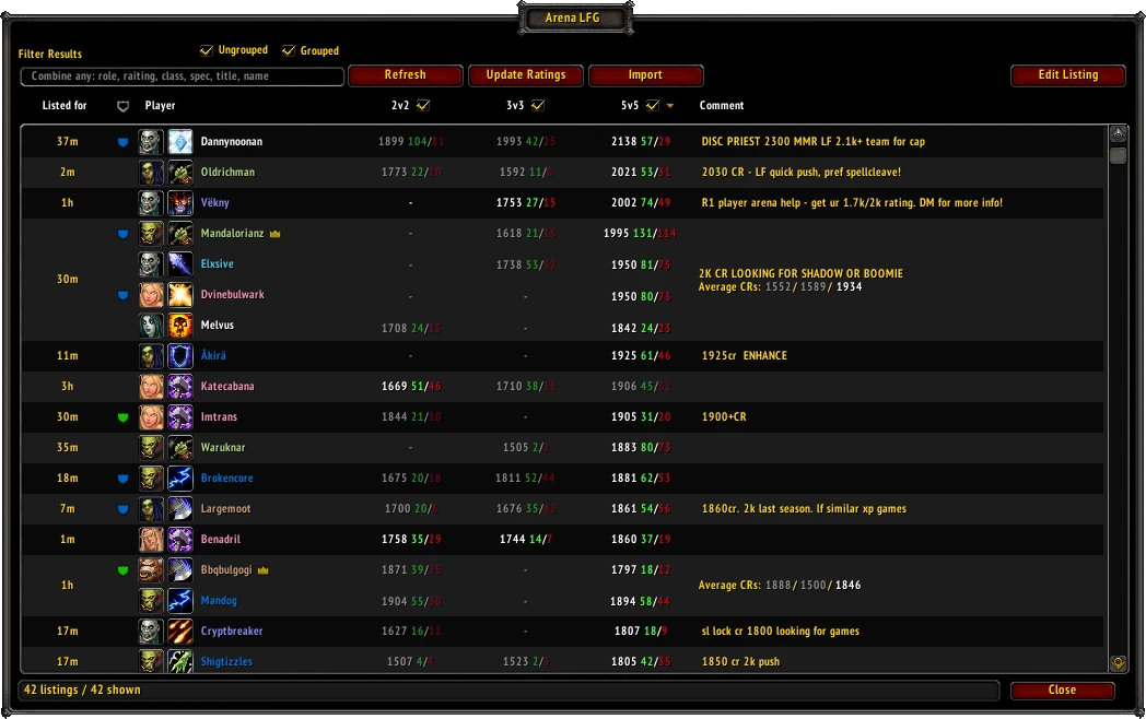 Arena LFG in-game interface