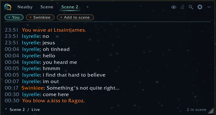 Thumbnail A scene: only the people you are talking to, in their own tab, with participants as pills under the tabs.