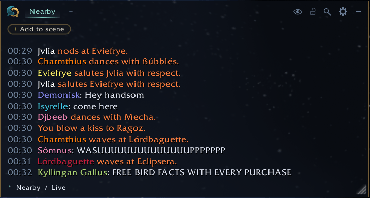 Thumbnail Nearby: everything you receive, with names in class colours and emotes in orange.