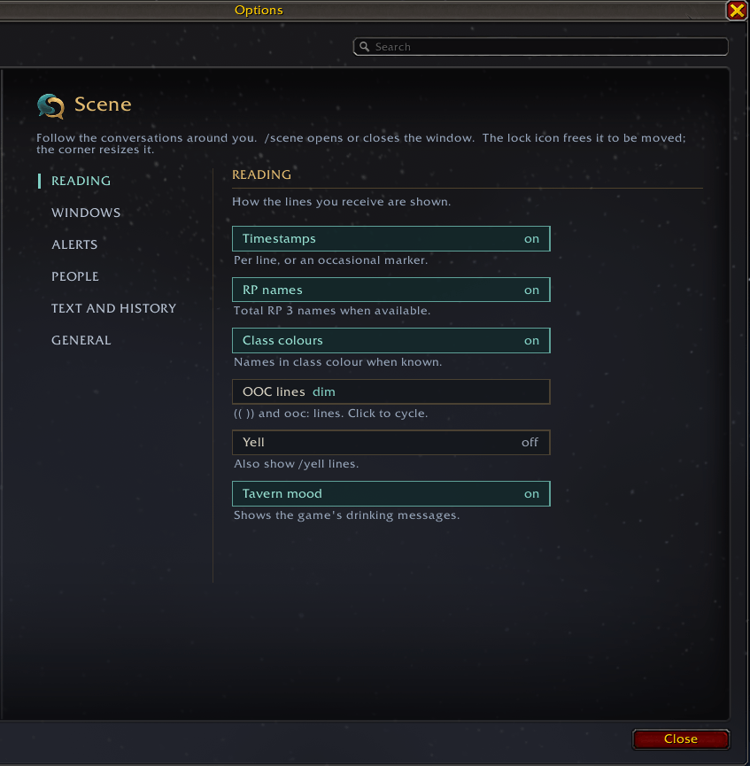 Thumbnail Settings under Options > AddOns > Scene, in sections. They can be shared across all your characters.