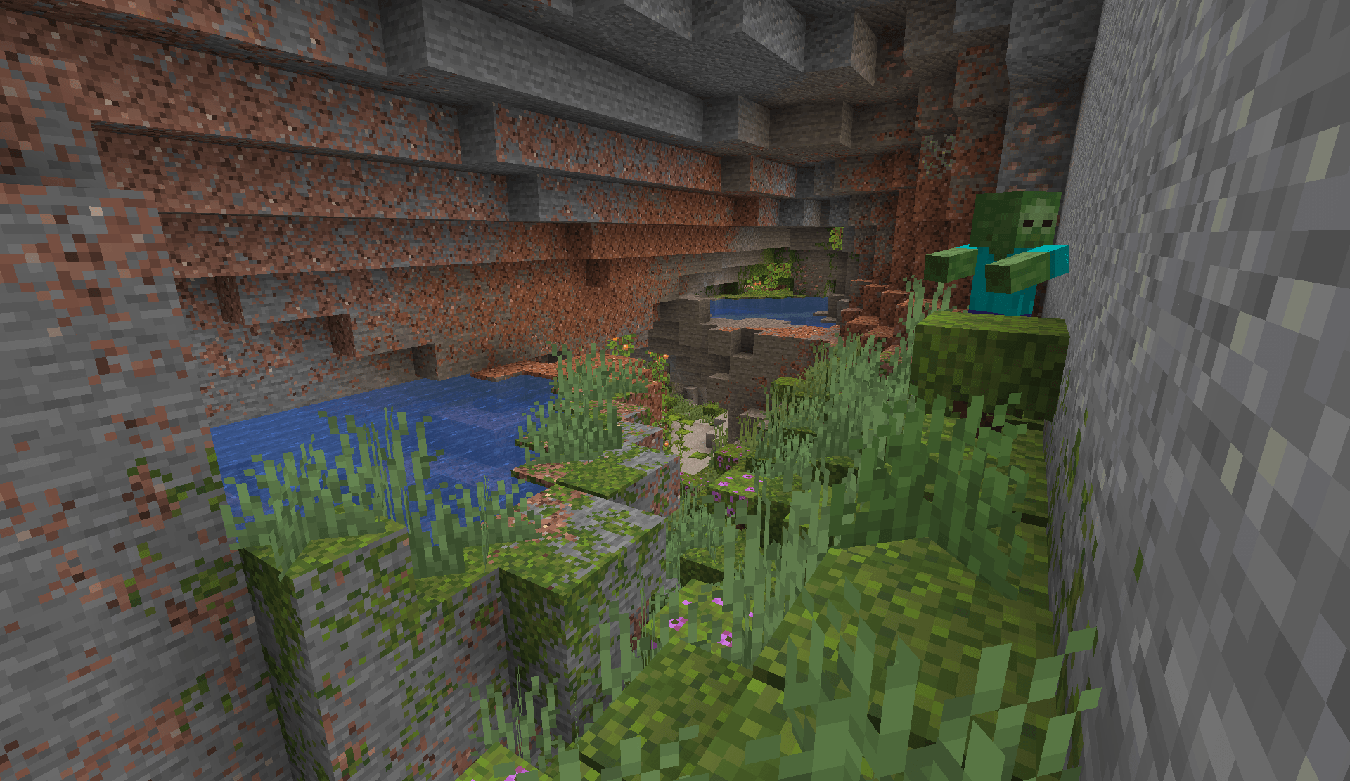 Blended stone, dirt, and moss across a lush cave