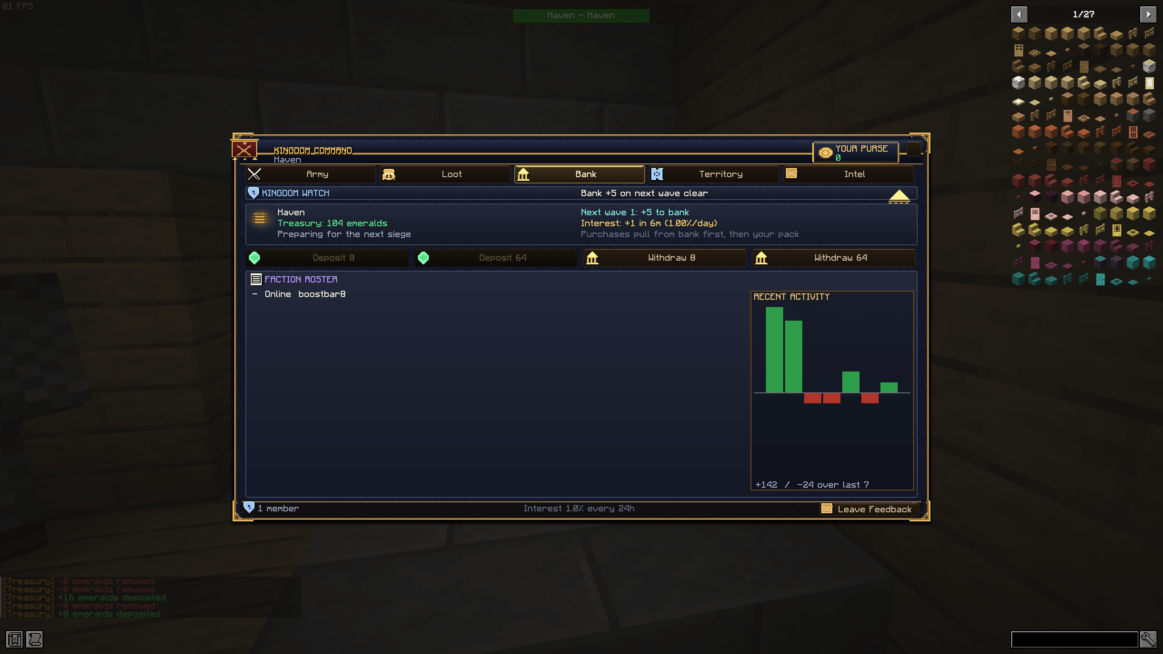 Faction Treasury with interest countdown, member roster and transaction history