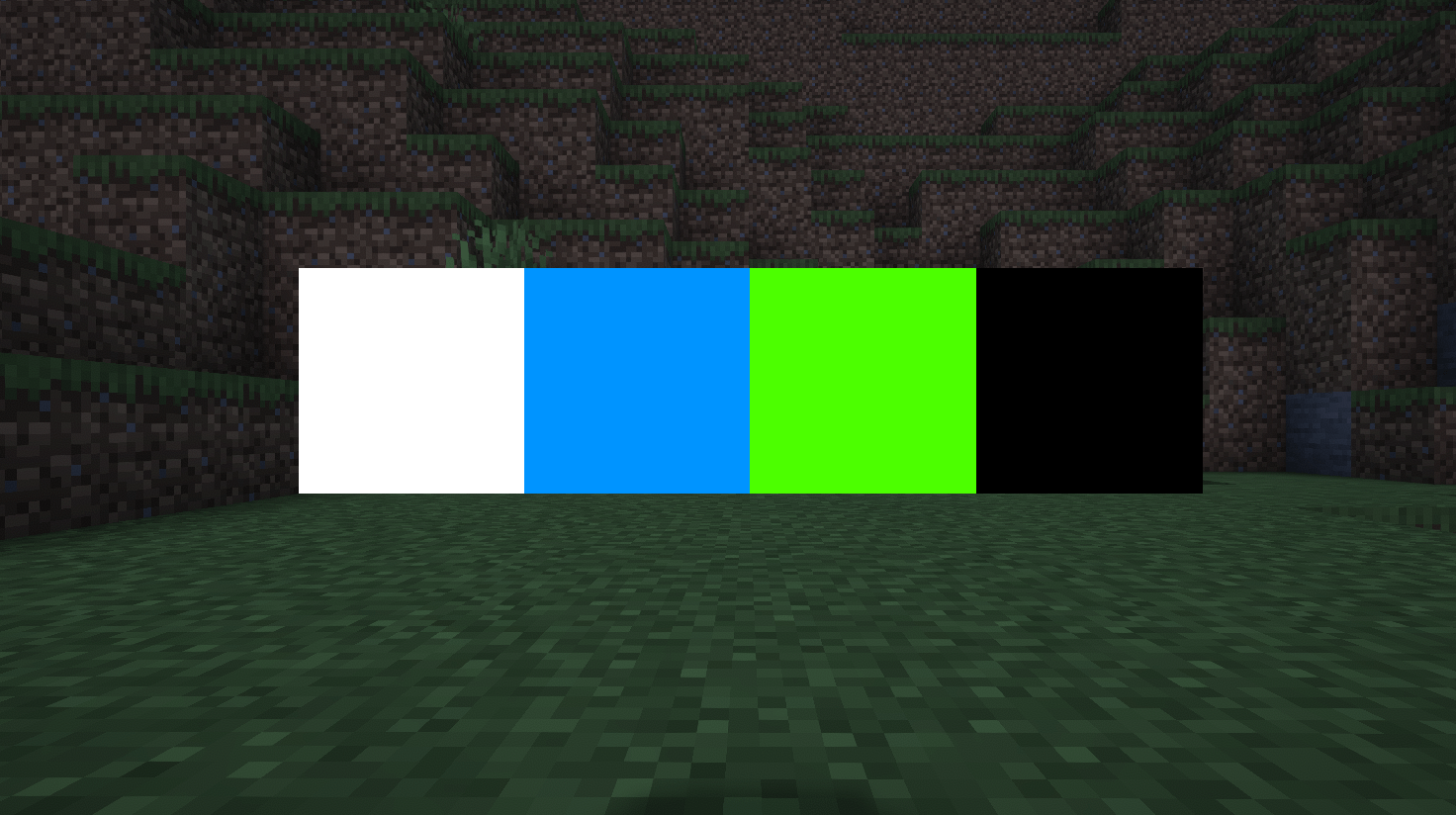 Showcasing the background screen blocks, white, green, blue and black.