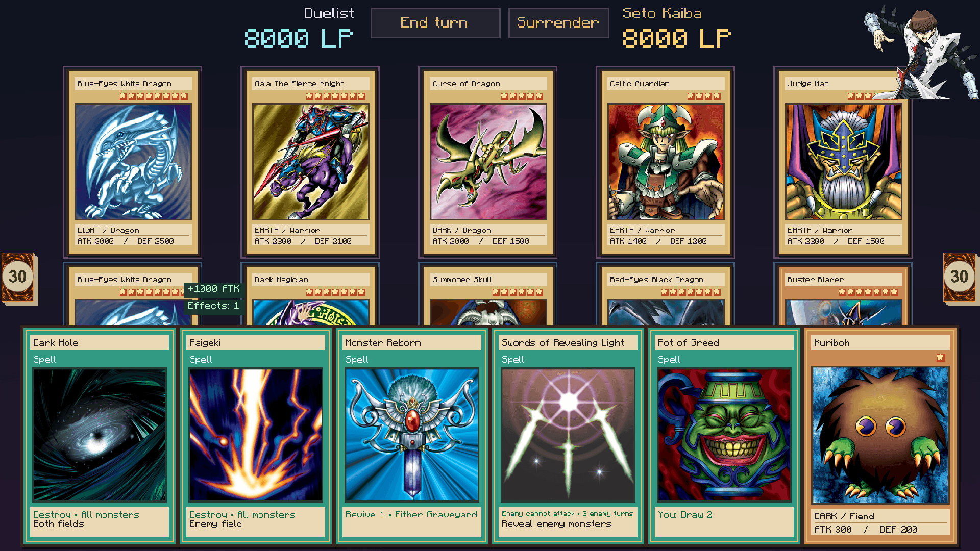 The duel board with monster zones, Life Points, an equipped Blue-Eyes White Dragon and a hand of Spell Cards.