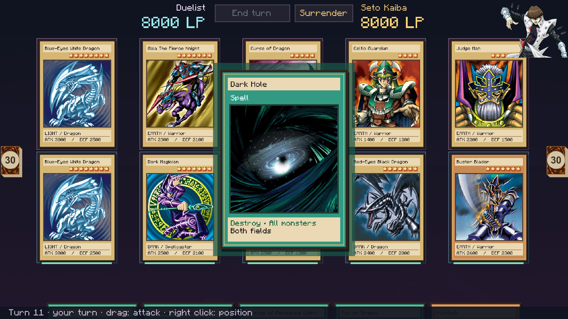 Dark Hole appears over the duel board as its Spell Card effect activates.
