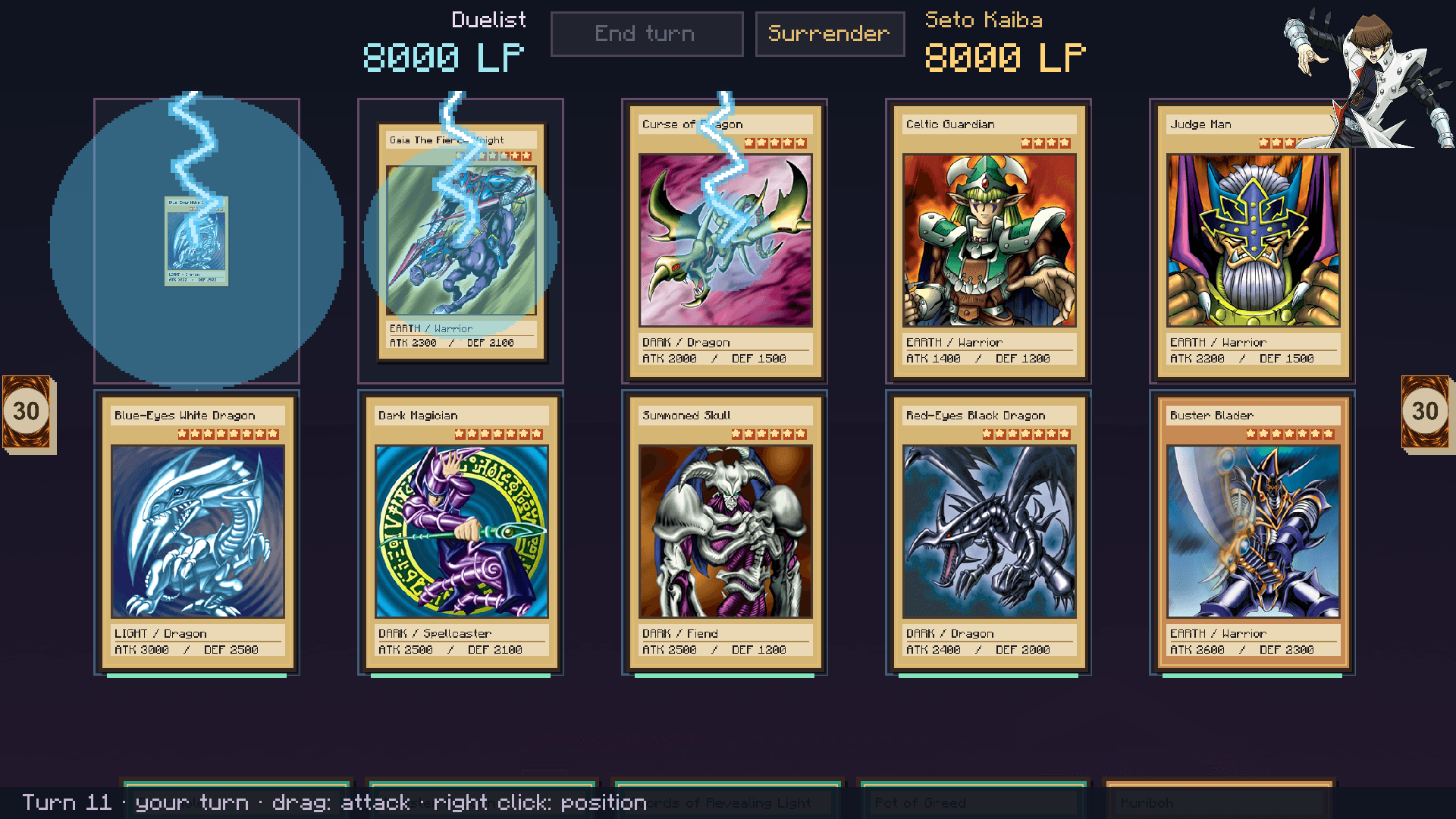 Raigeki sends lightning bolts into the opponent's monster zones.