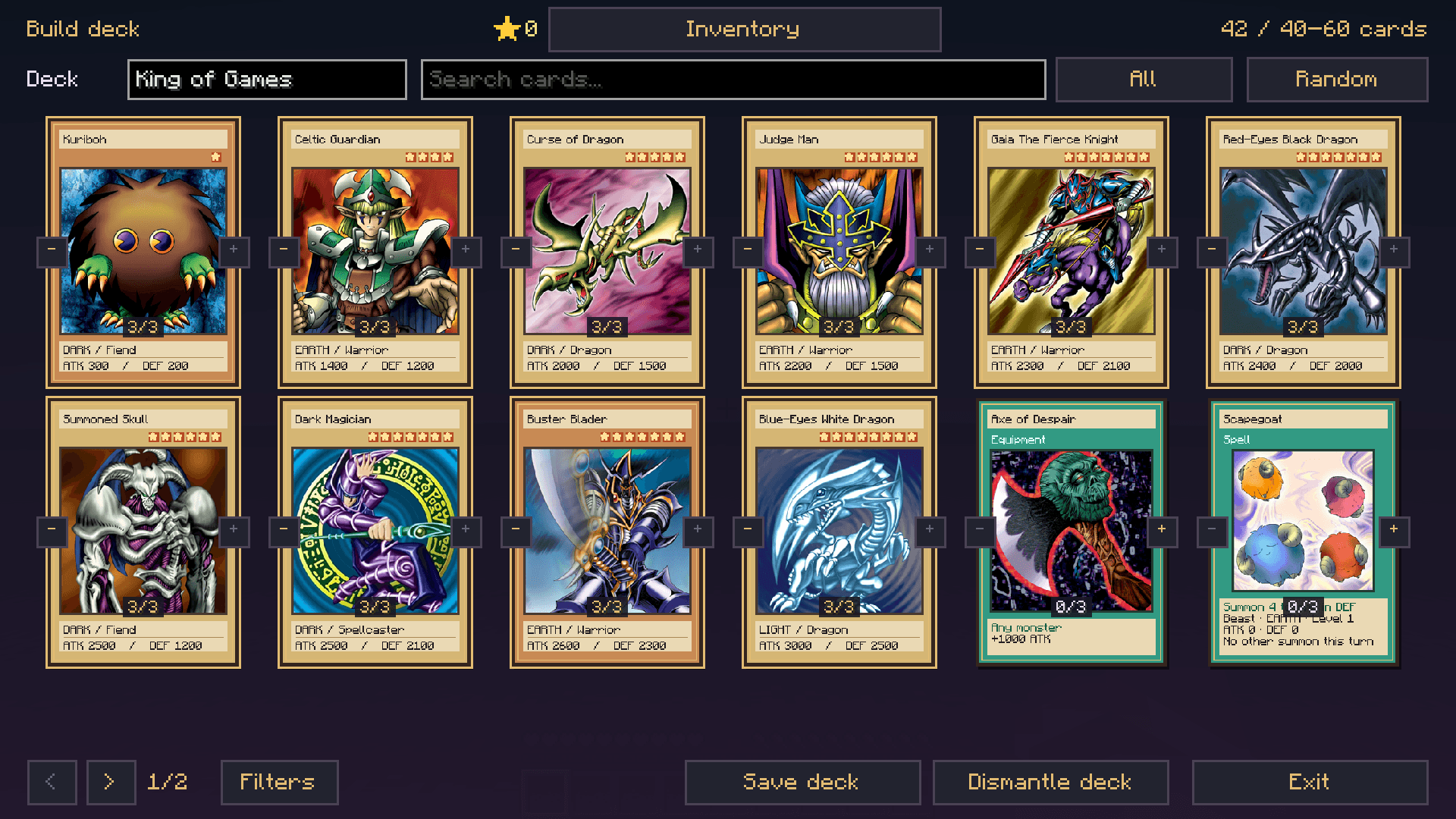 The Deck Building Machine showing available cards, quantities, filters and a named deck.