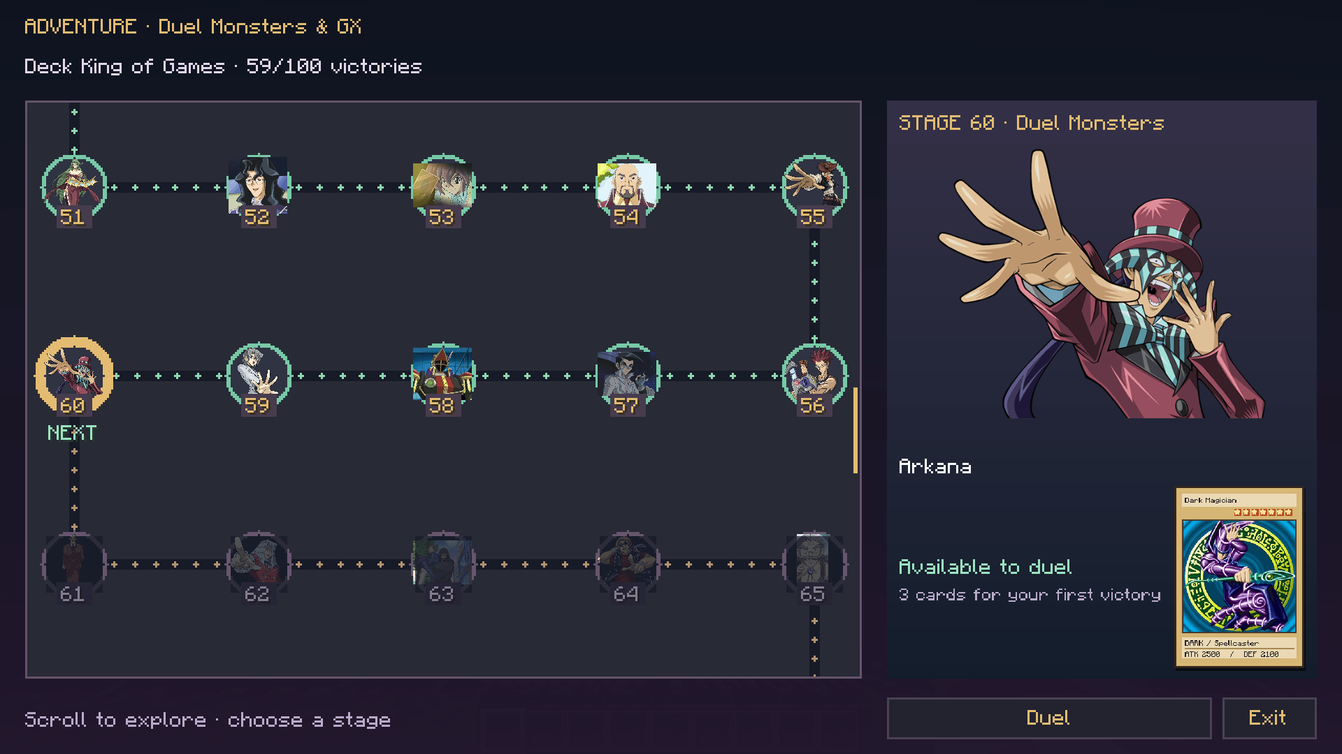 The Adventure map with anime character portraits, a selected opponent and their signature card.