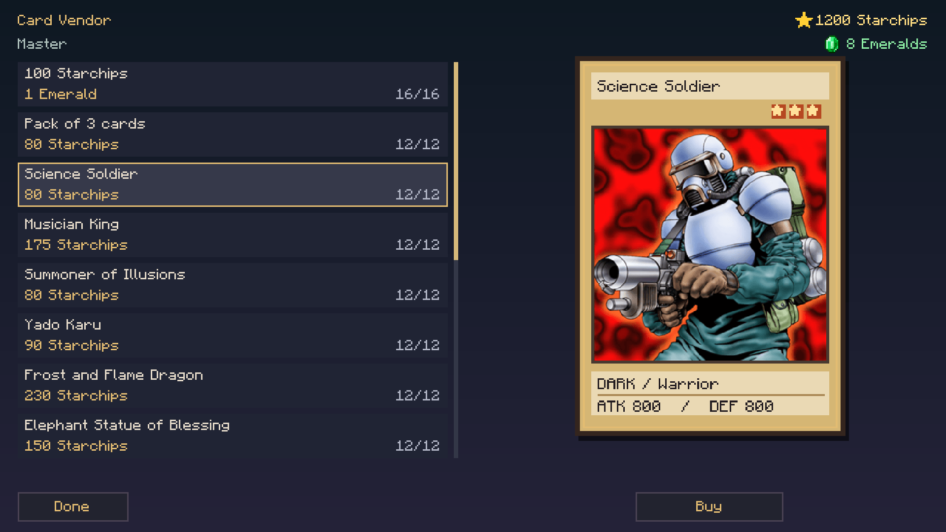 A Master Card Vendor's shop with individual monster offers, stock, a card preview and a Starchip balance.