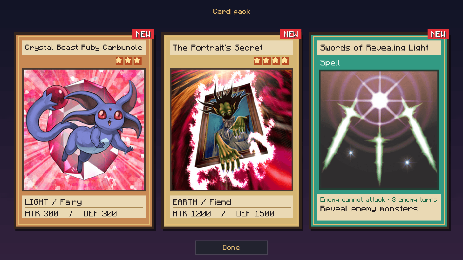 Three cards revealed from a purchased Card Pack, with new discoveries marked NEW.