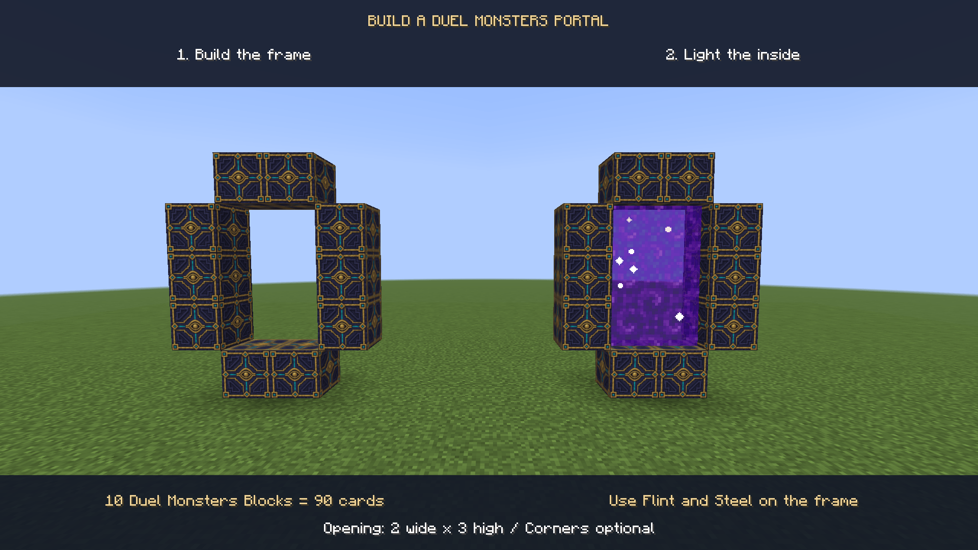 Two working-size Duel Monsters frames: an unlit ten-block frame on the left and an activated portal on the right, with English building instructions.